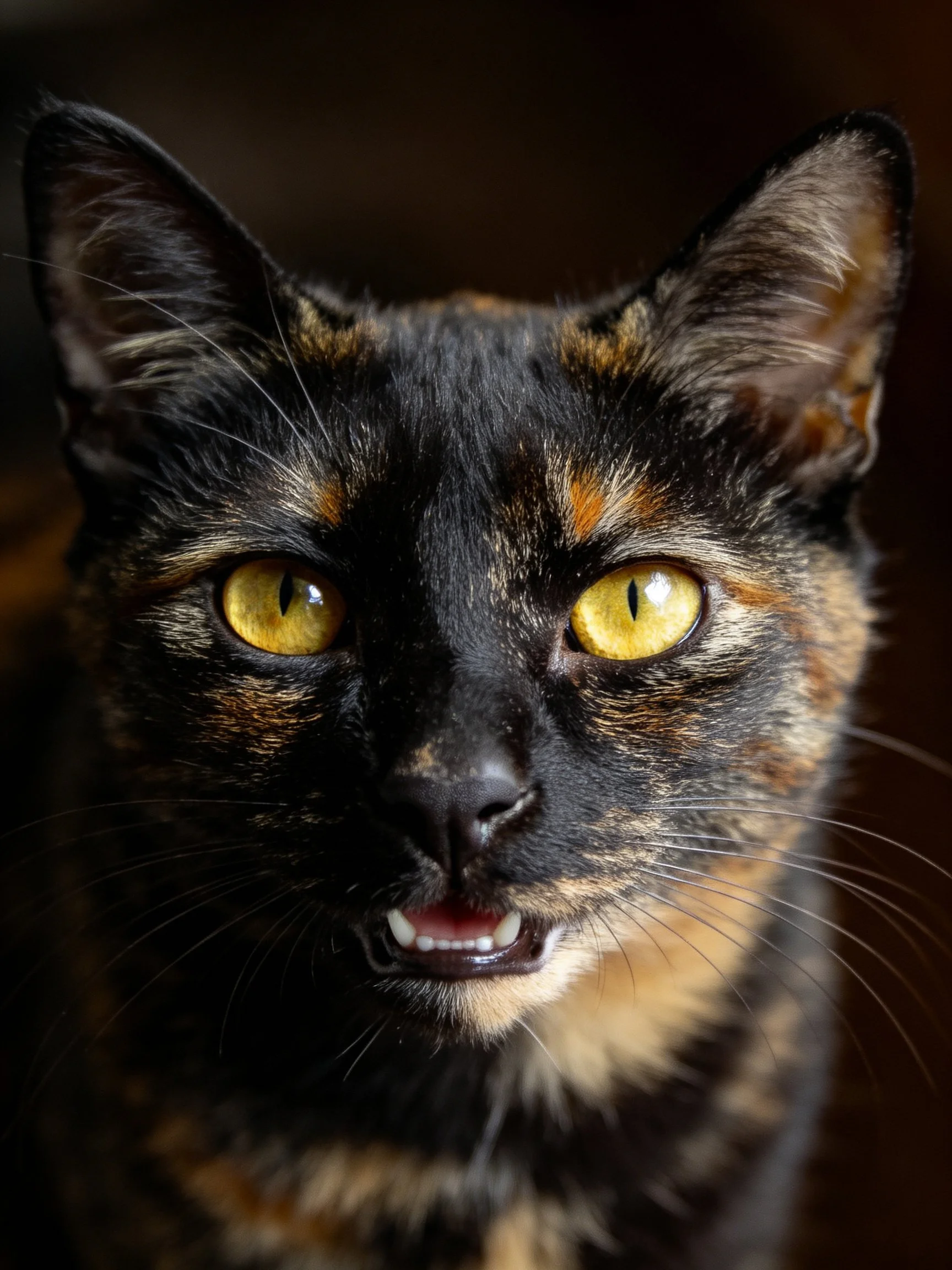 A tortoiseshell cat with striking yellow eyes looks directly at the viewer.