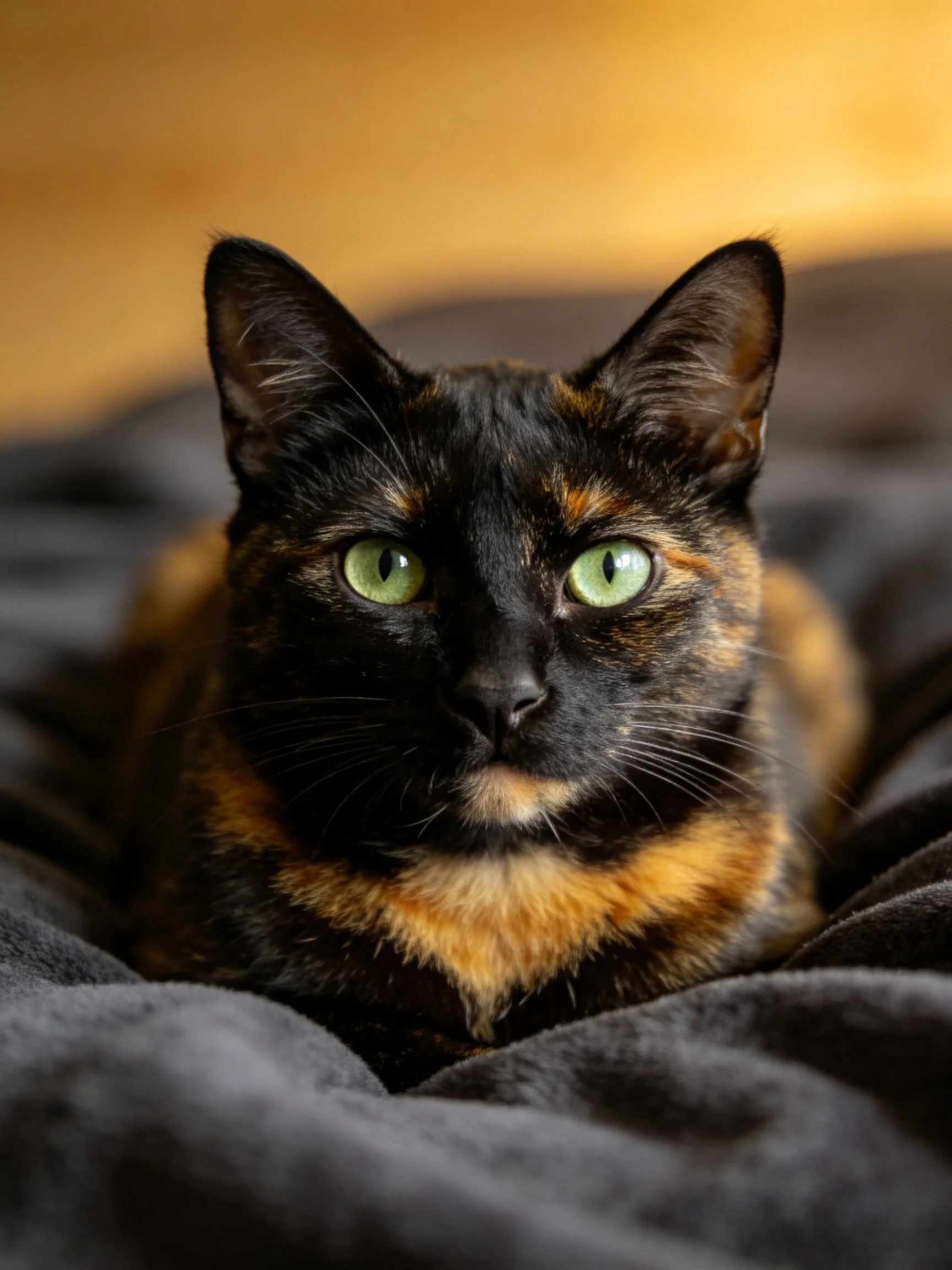 A tortoiseshell cat with green eyes rests on a dark fabric surface.