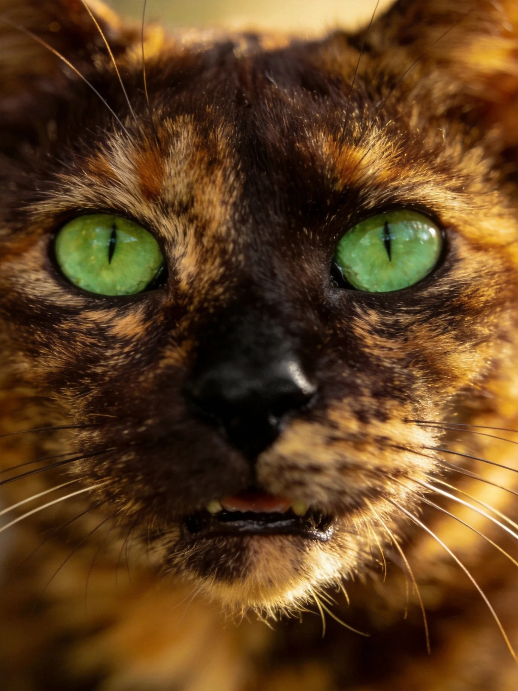 A tortoiseshell cat with bright green eyes is captured in a detailed close - up.