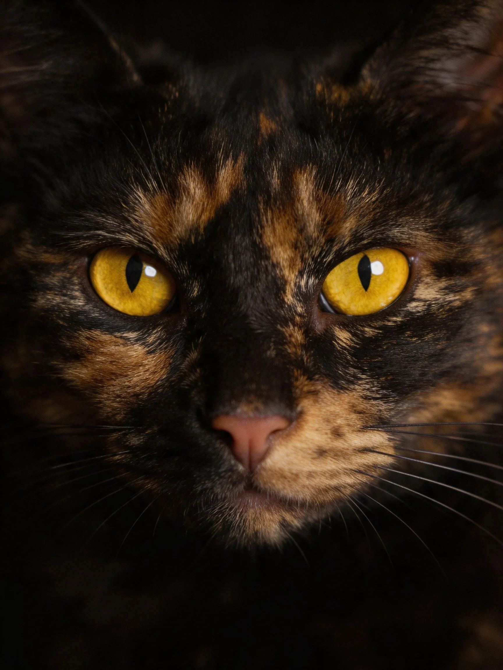 A tortoiseshell cat gazes intensely with bright yellow eyes amid dark surroundings.