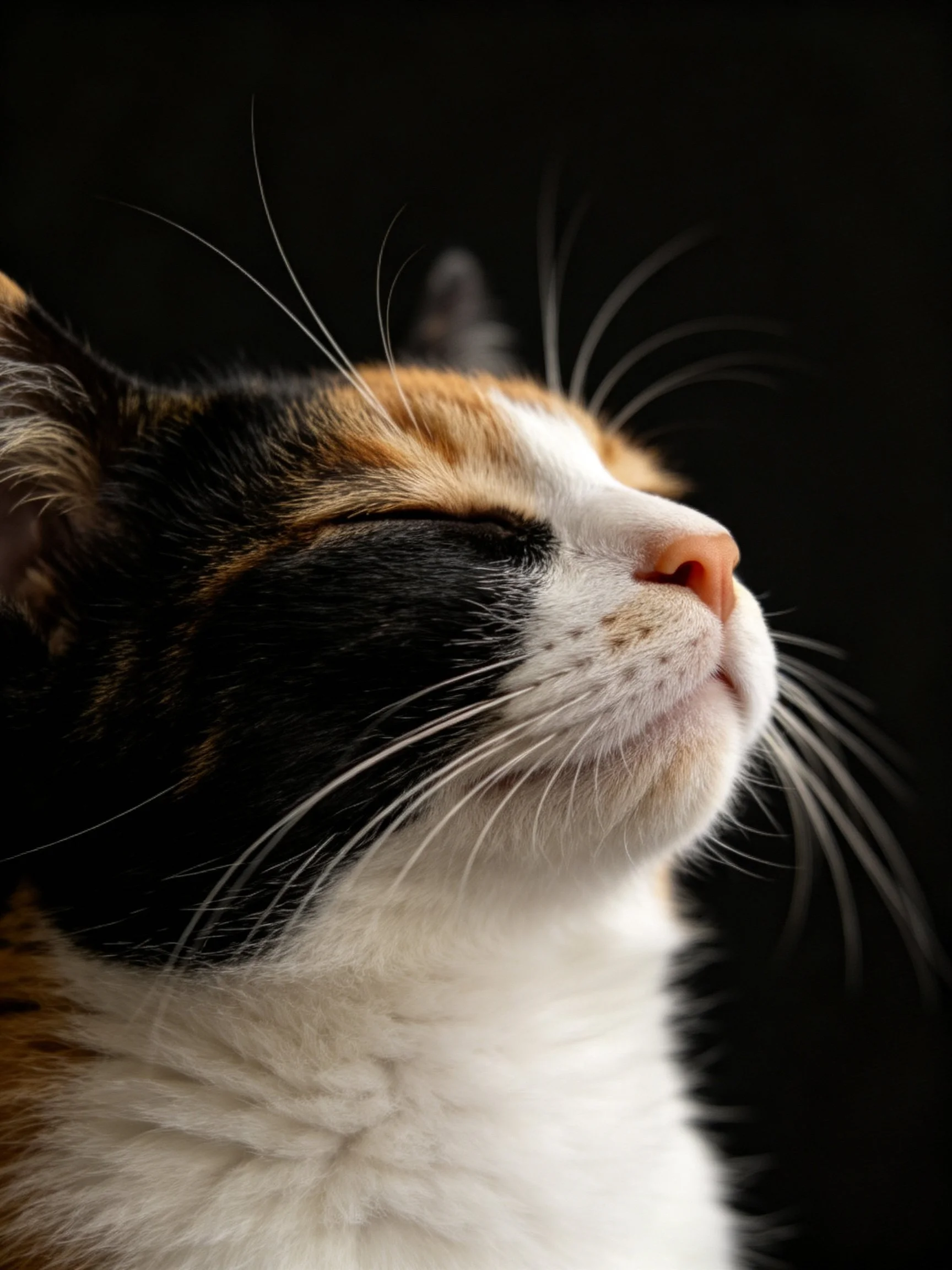 A tri-color cat’s face is shown in close-up with eyes shut.