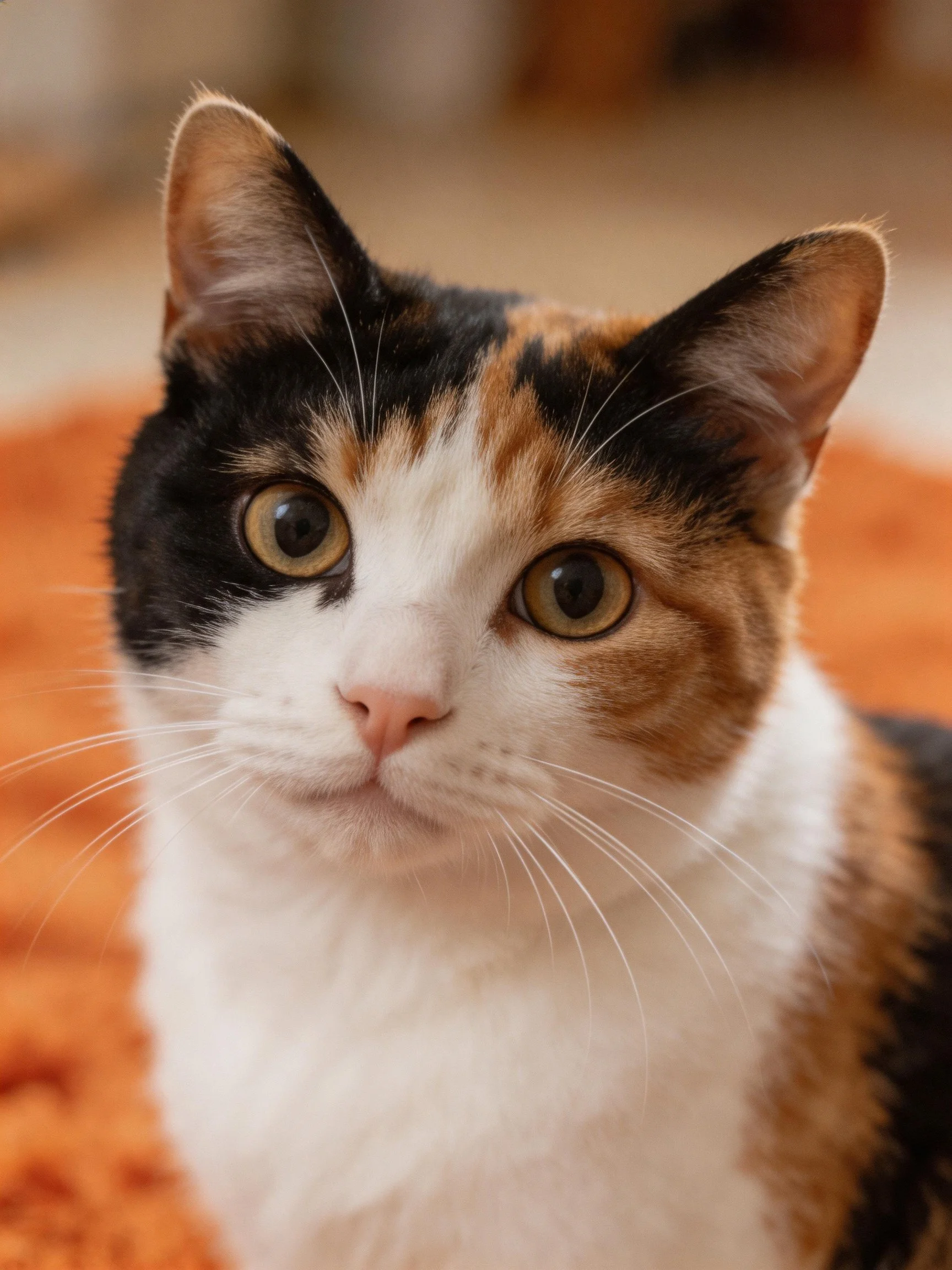 A tri-color calico cat is captured in a close-up photograph.