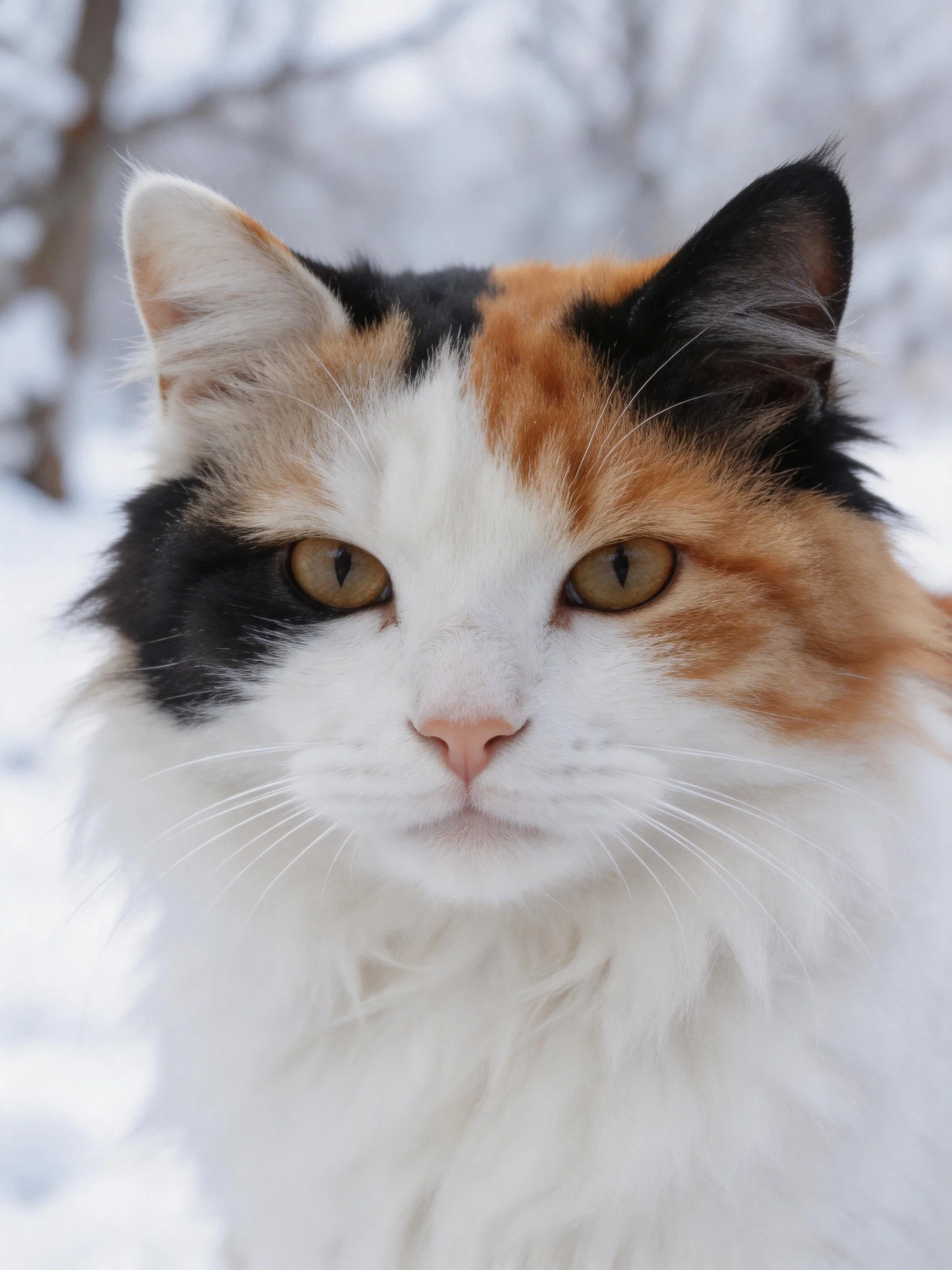 A close-up of a tri-color calico cat with black, orange, and white fur in a snowy outdoor setting.