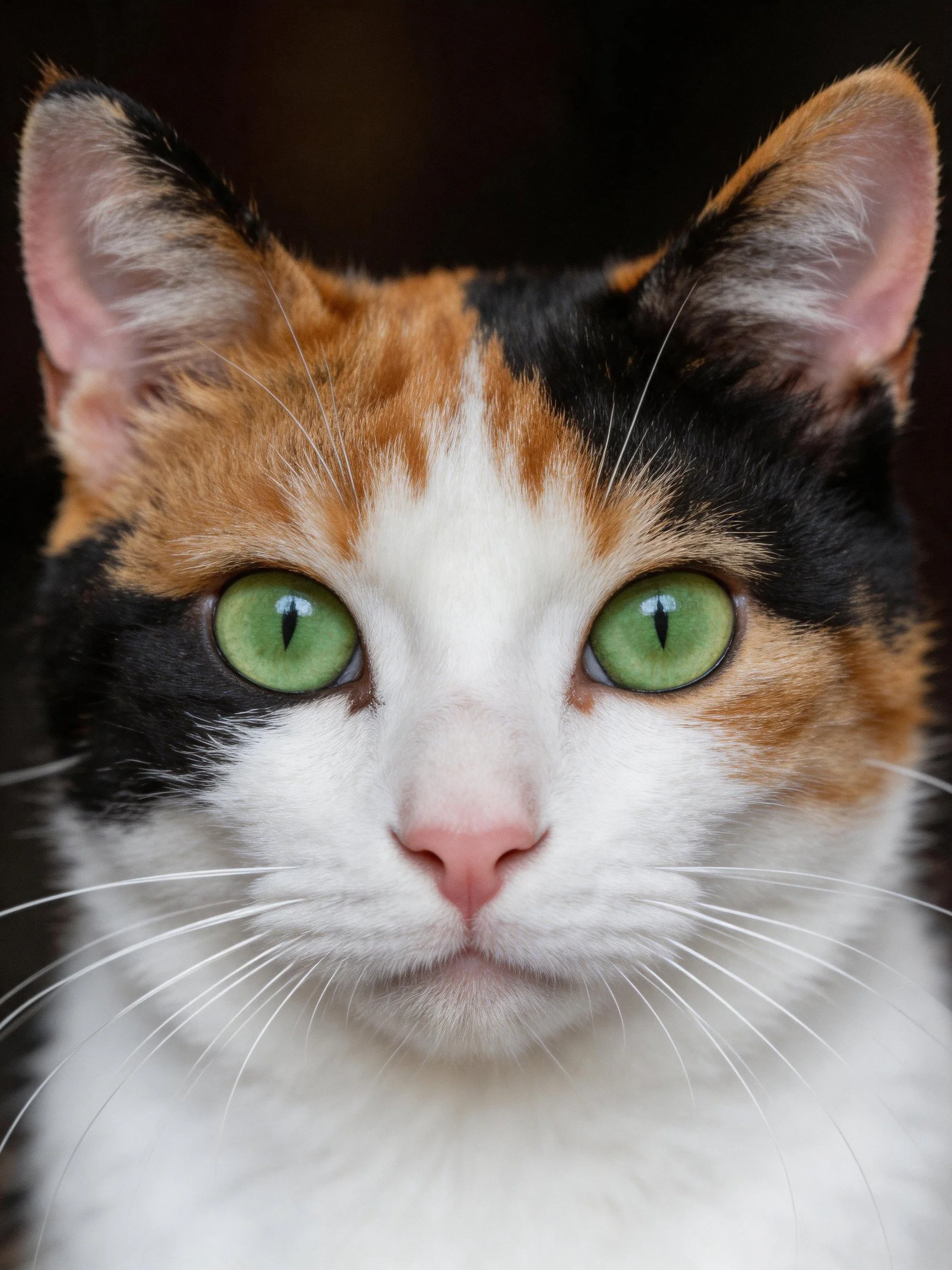Tri-color calico cat with striking green eyes