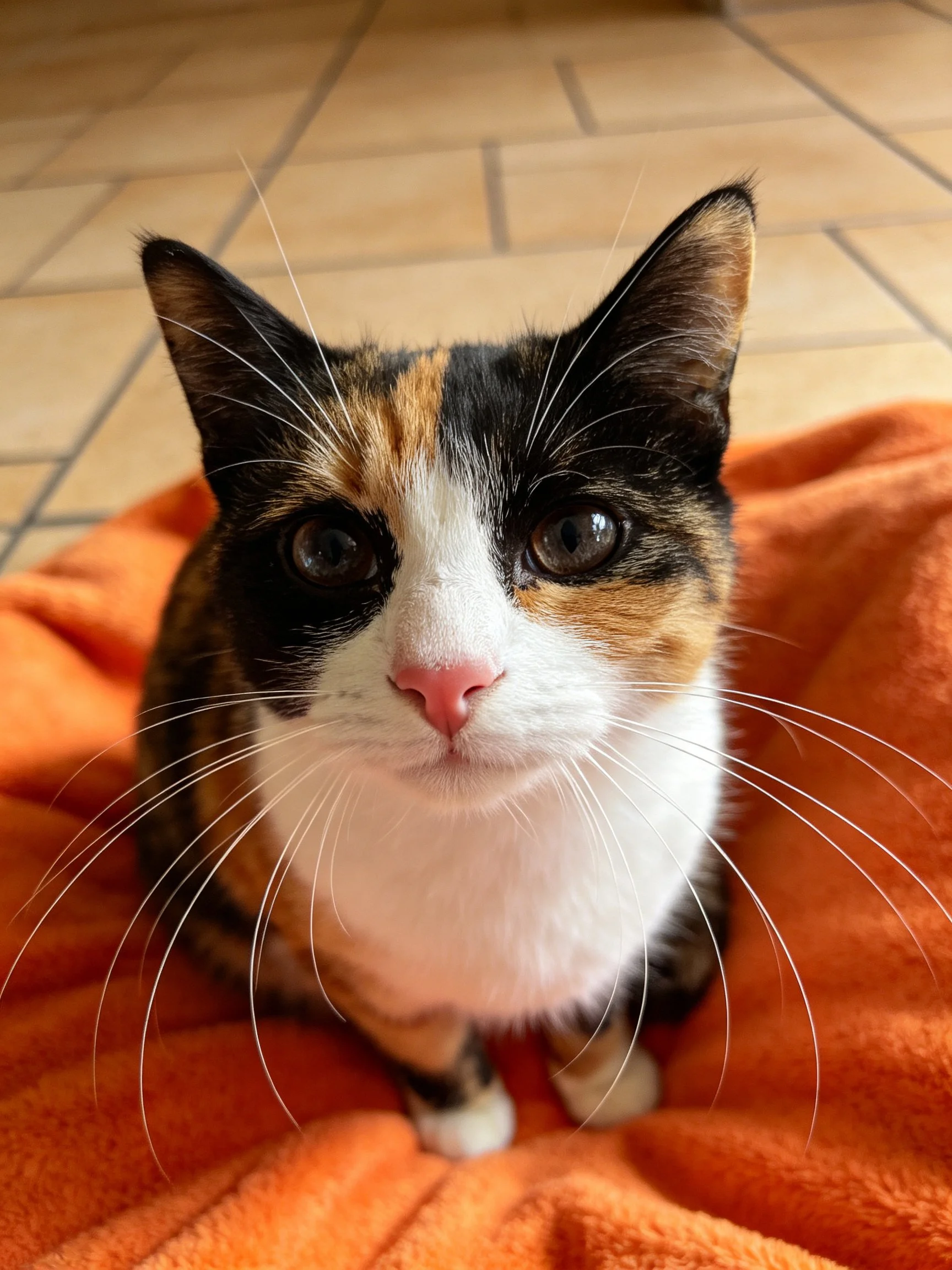 Tri-color cat on orange towel with tiled floor