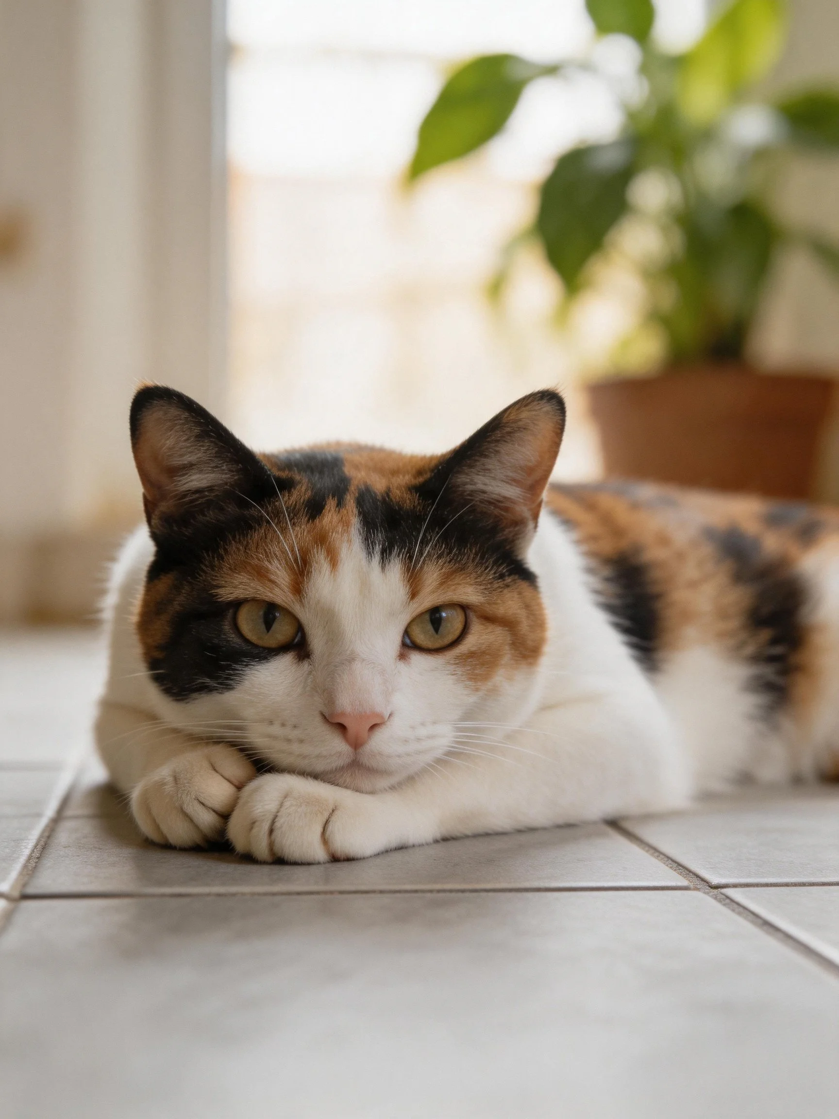 Tri-colored Cat Resting on Tiled Floor Near Potted Plant