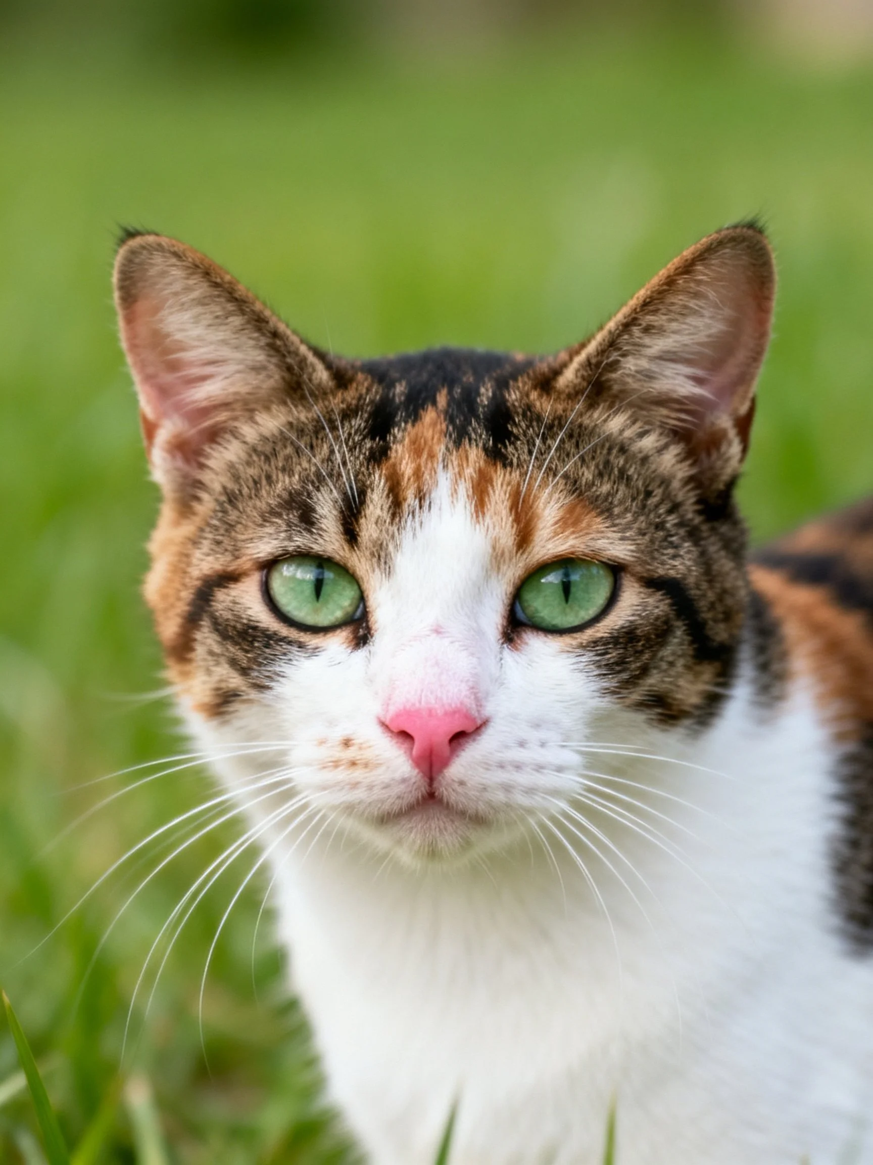 Tri-colored Cat with Green Eyes in Green Field