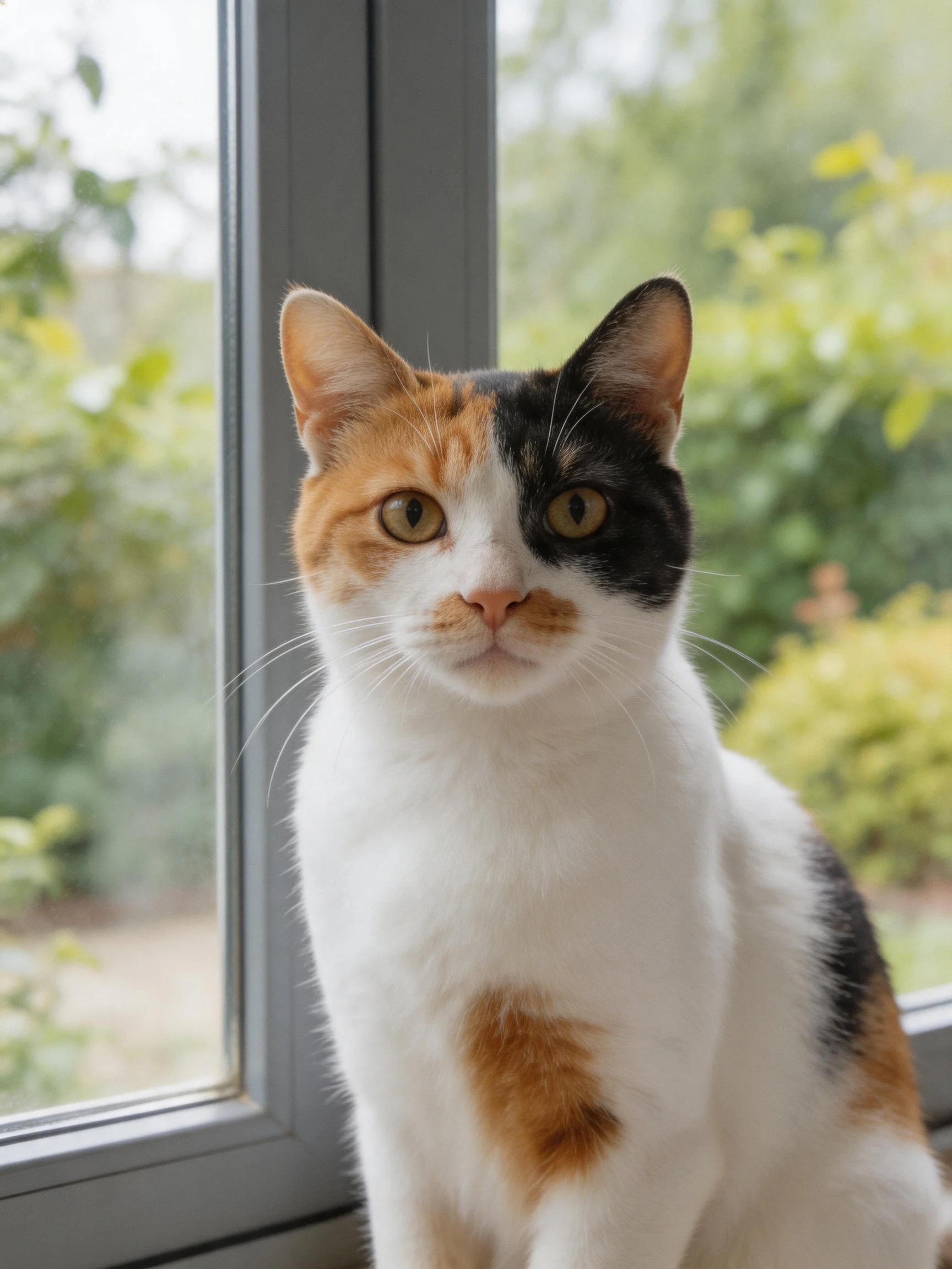 A tri-colored calico cat sits by a bright window with greenery in the background.
