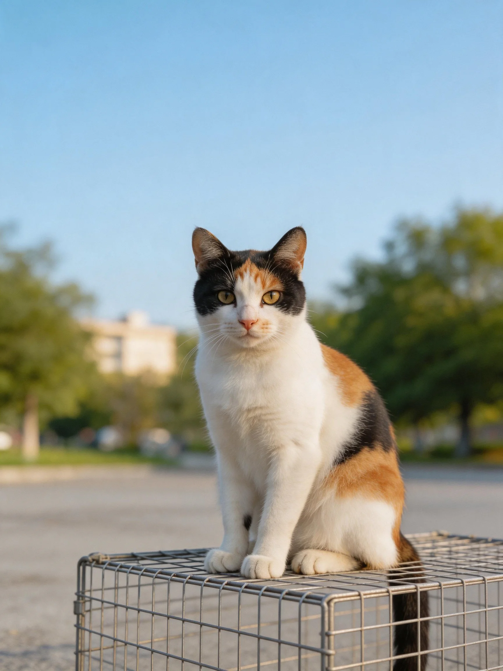Tri-colored calico cat sitting on metal cage outdoors