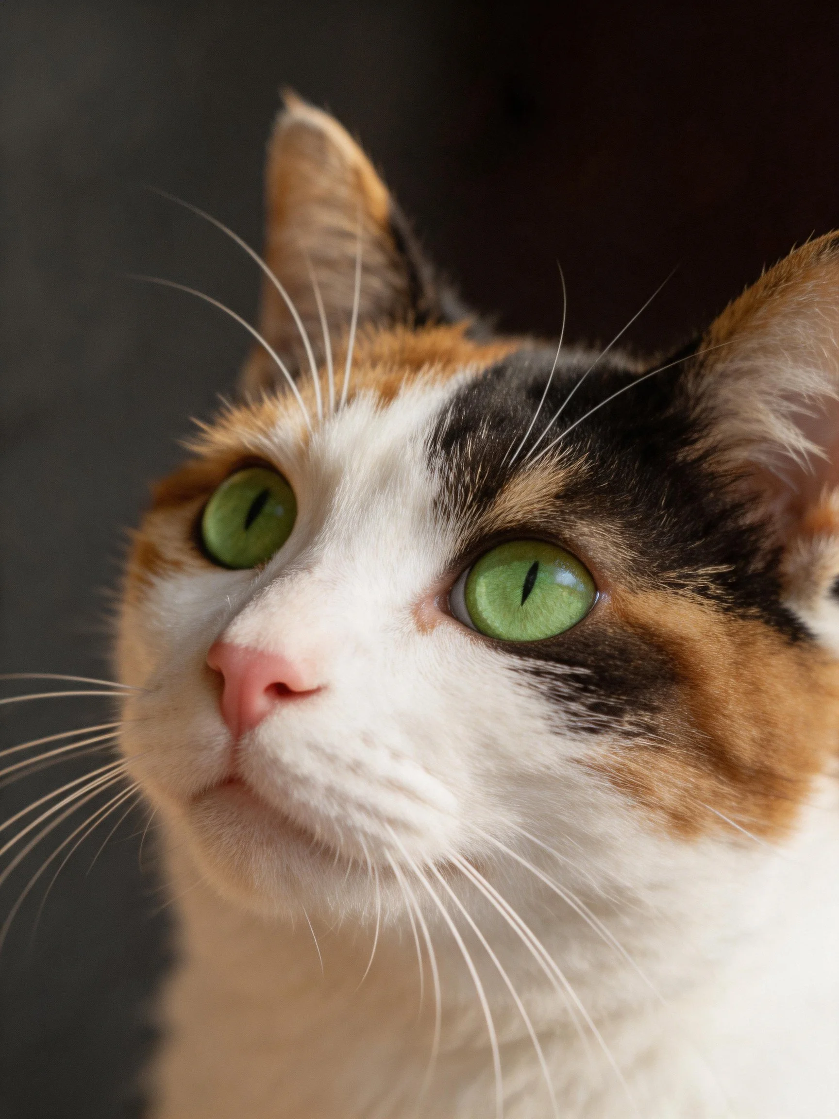 Tri-colored calico cat with bright green eyes gazes attentively.