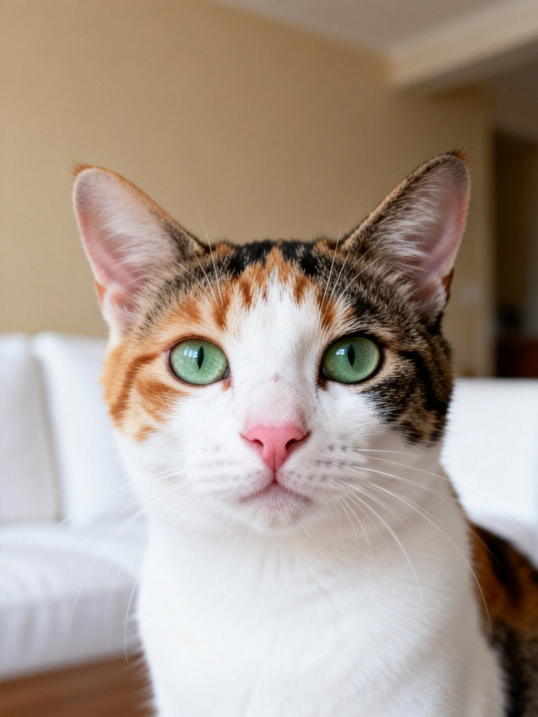 A tri-colored calico cat with green eyes is in a home interior.