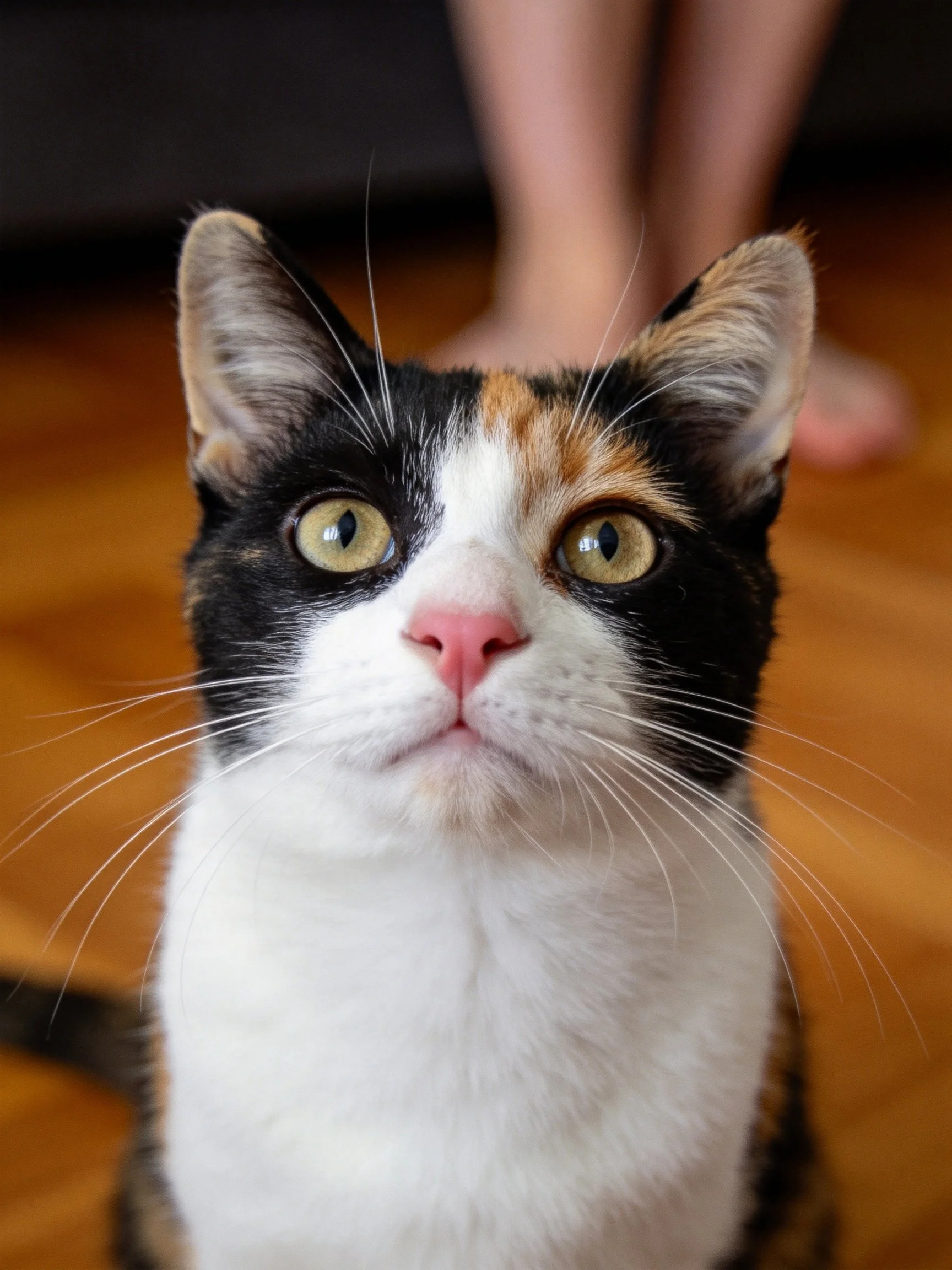 A tri-colored calico cat gazes upward on a wooden floor.