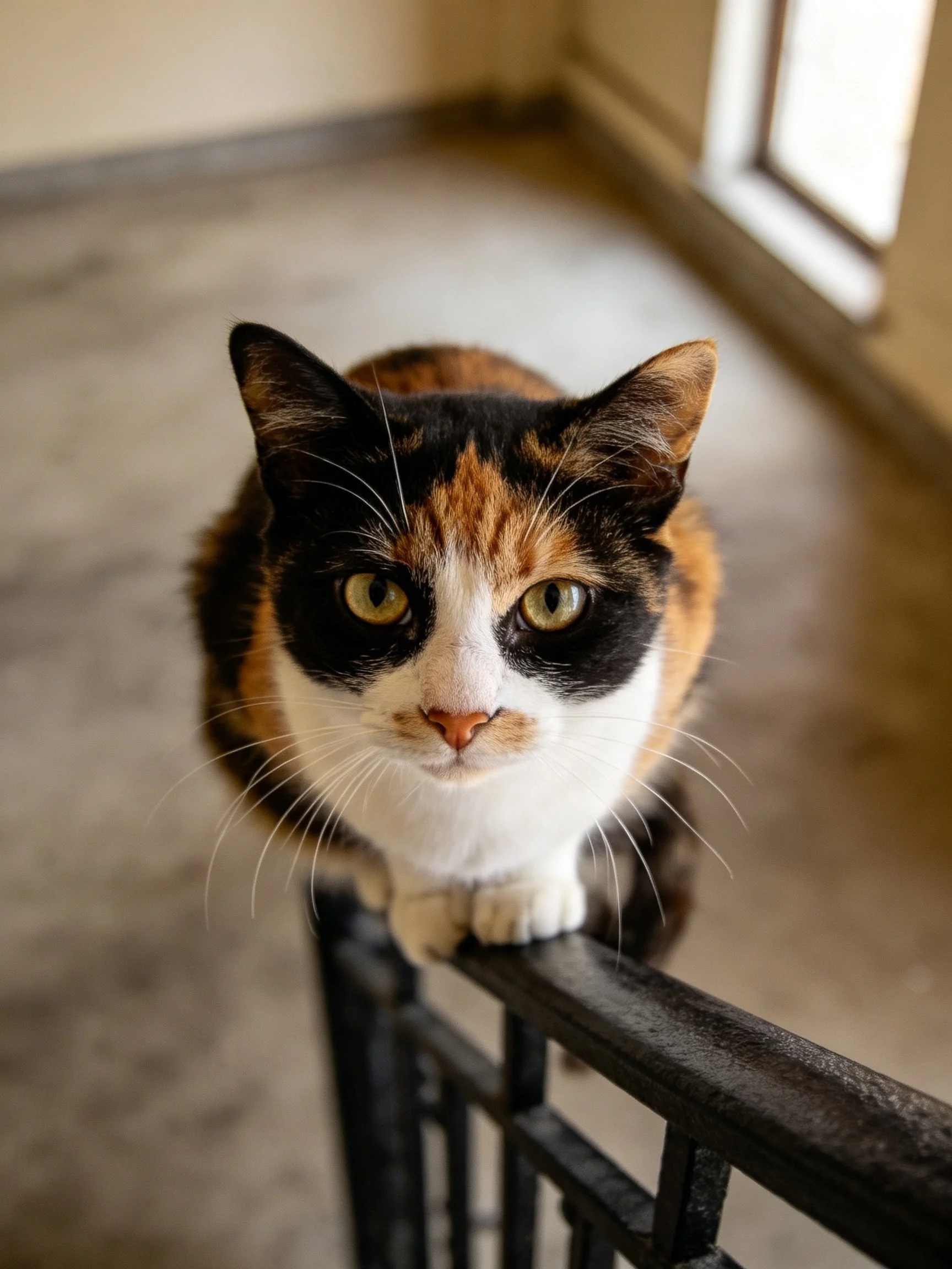 A calico cat sits on a black metal railing in a sunlit indoor area.