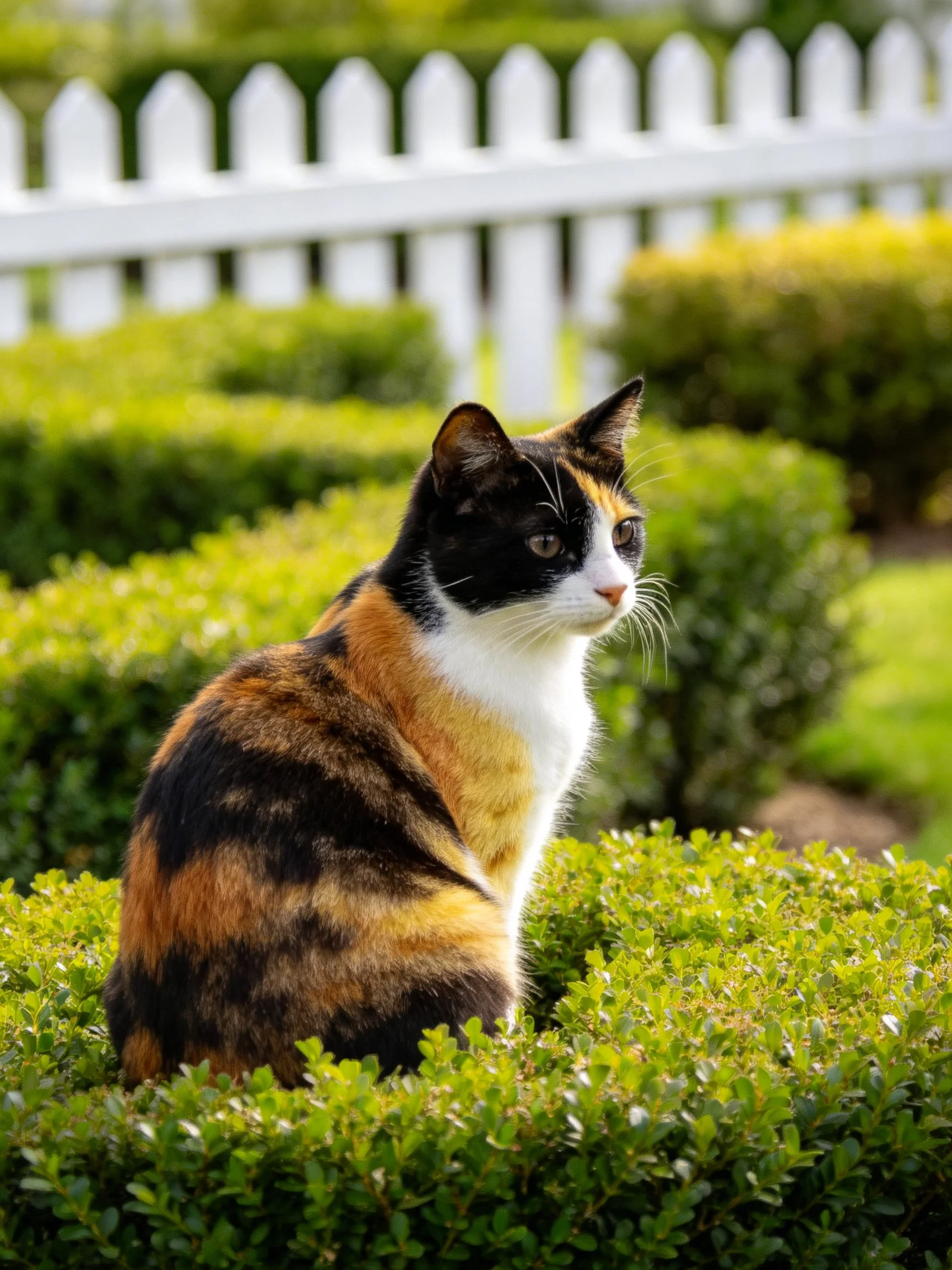 A tri-colored cat sits among green shrubs with a white picket fence nearby.