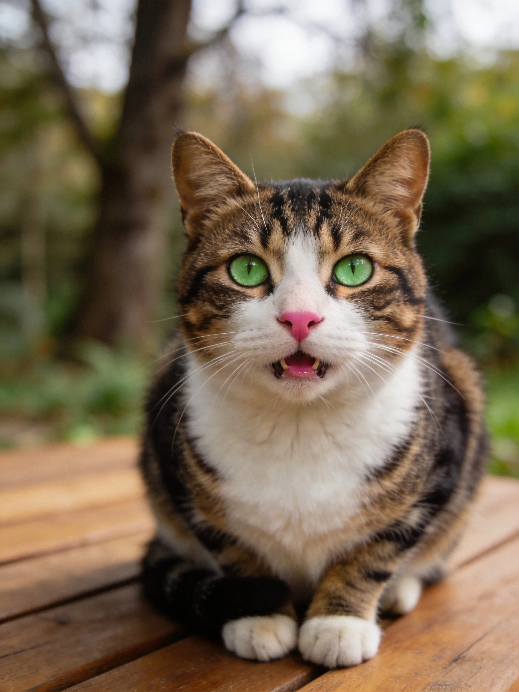 A tri-colored cat with green eyes sits on wood in a natural outdoor setting.