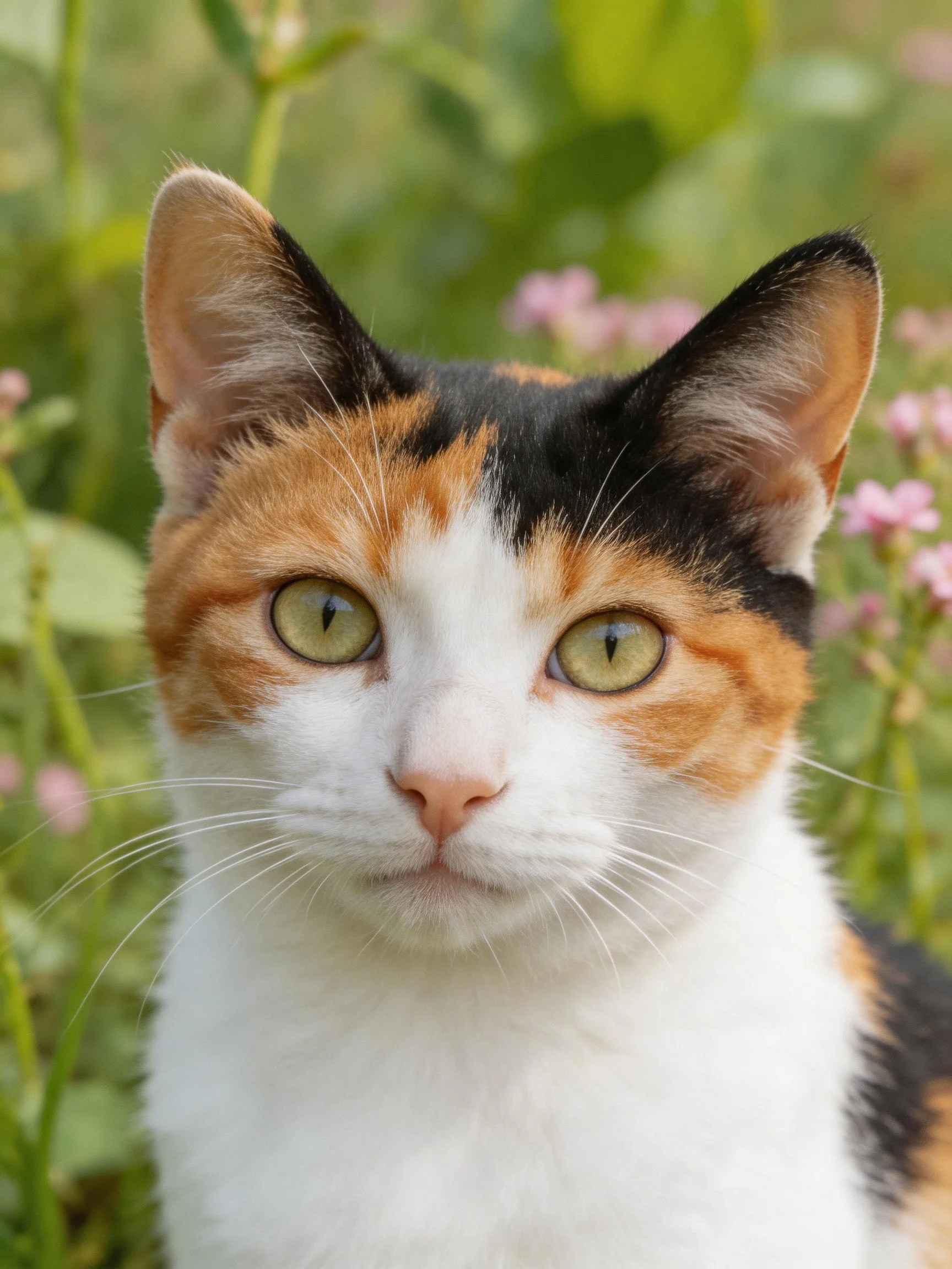 A tri-colored cat with orange, black, and white fur is near pink flowers in a green environment.