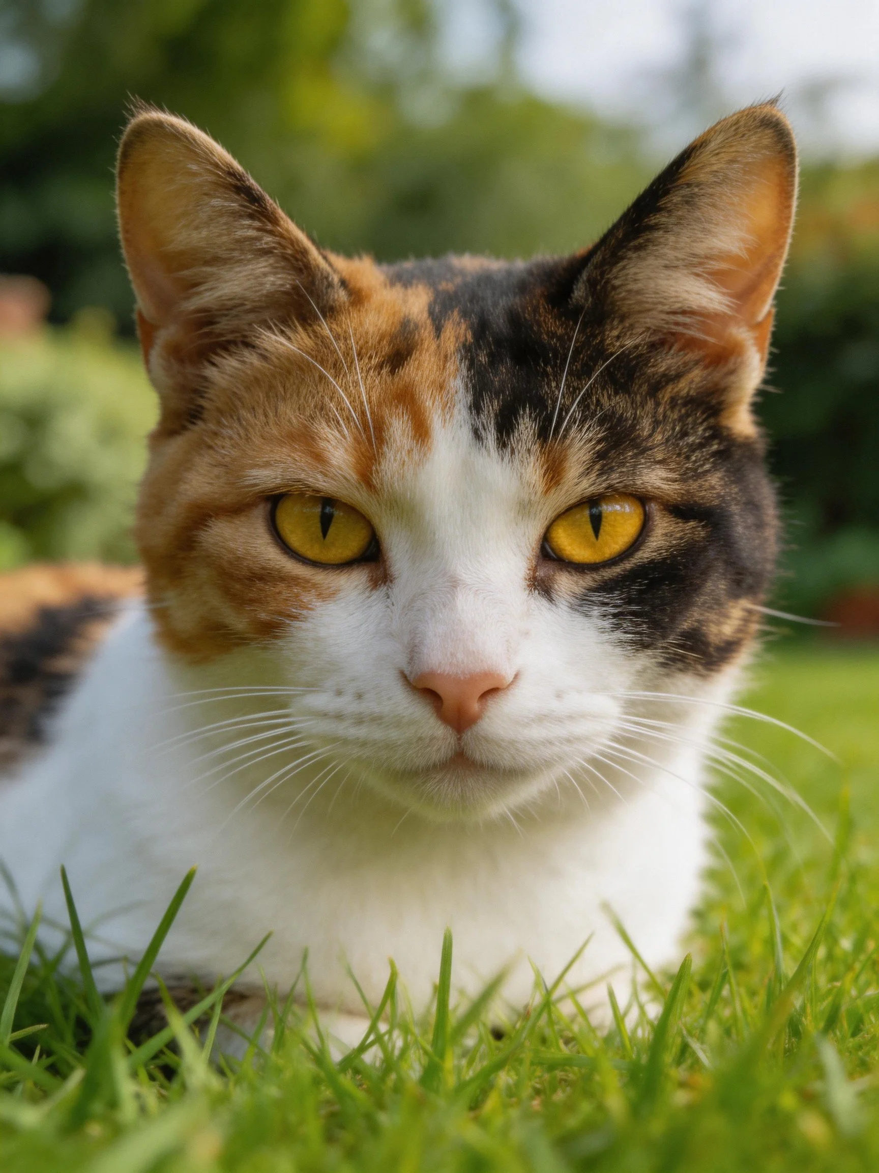 A tri-colored cat with yellow eyes rests on green grass in an outdoor setting.