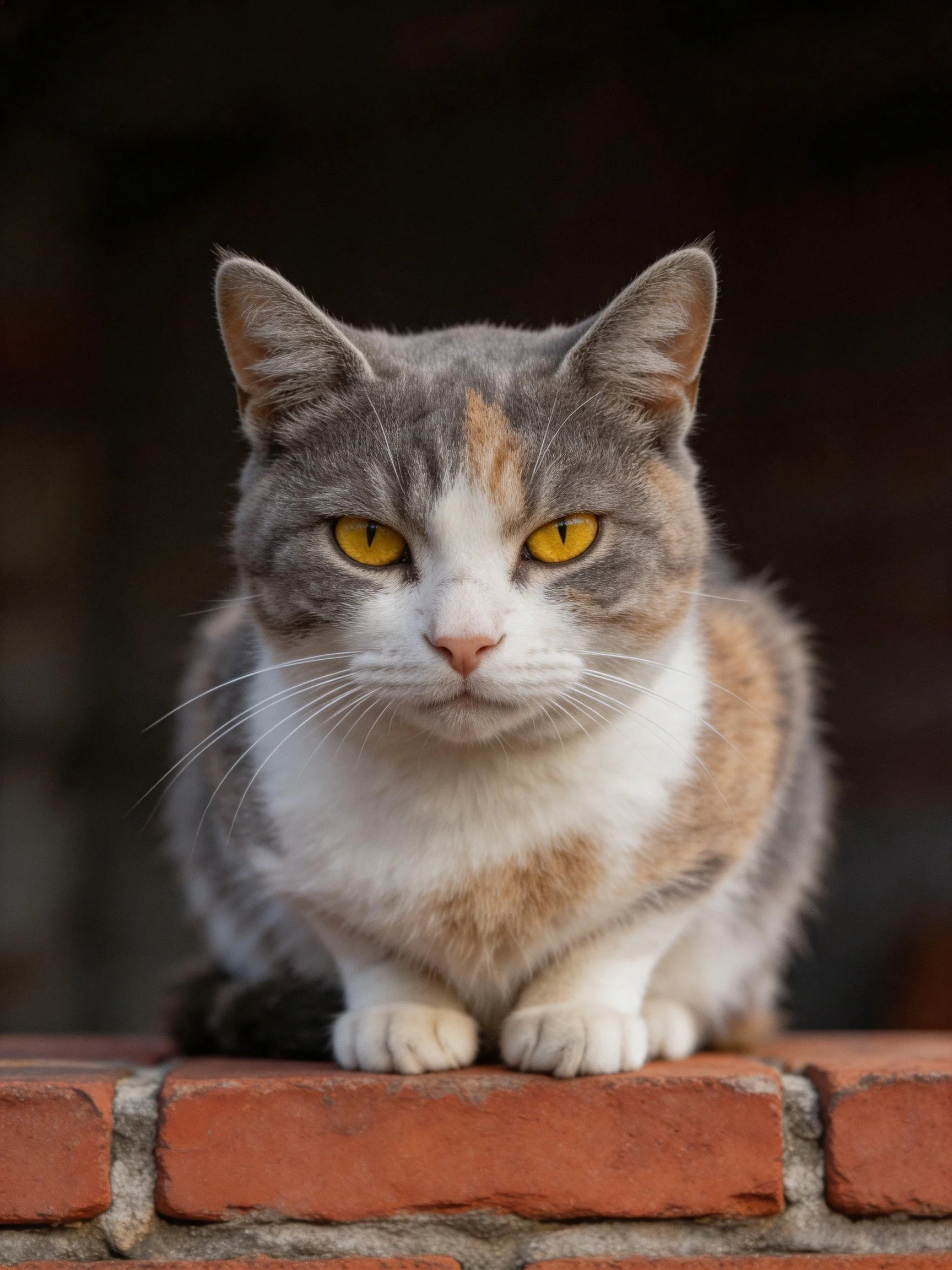 A tri-colored cat with yellow eyes rests on a brick ledge.
