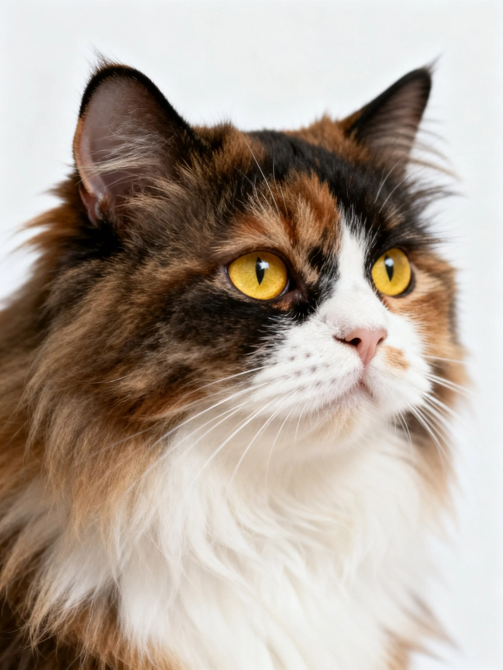 Tri - colored long - haired cat with bright yellow eyes