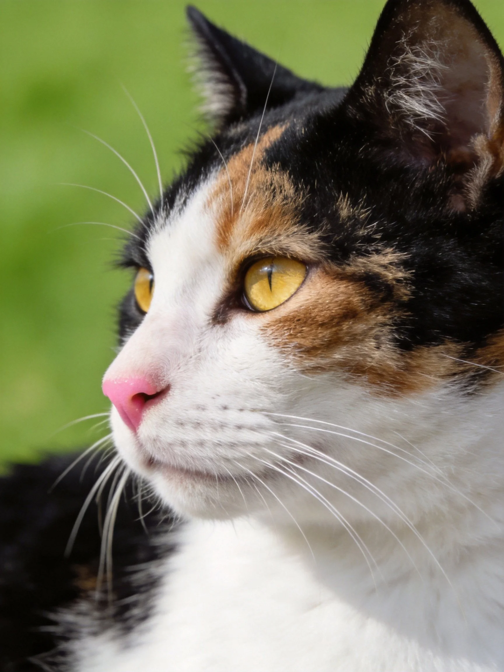 Tri-colored cat with yellow eyes gazes outdoors.