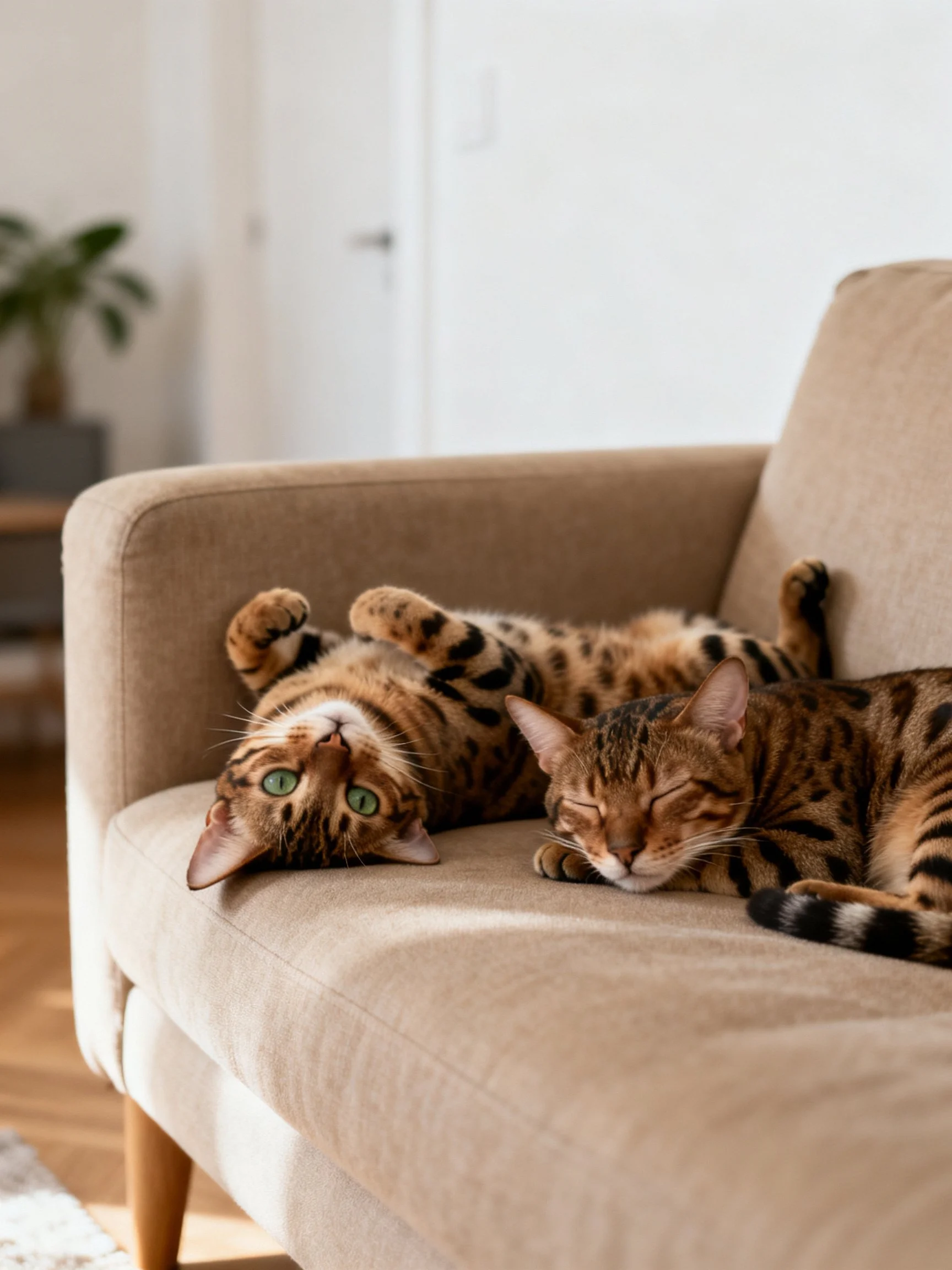 Two Bengal cats rest on a beige sofa in a bright interior.