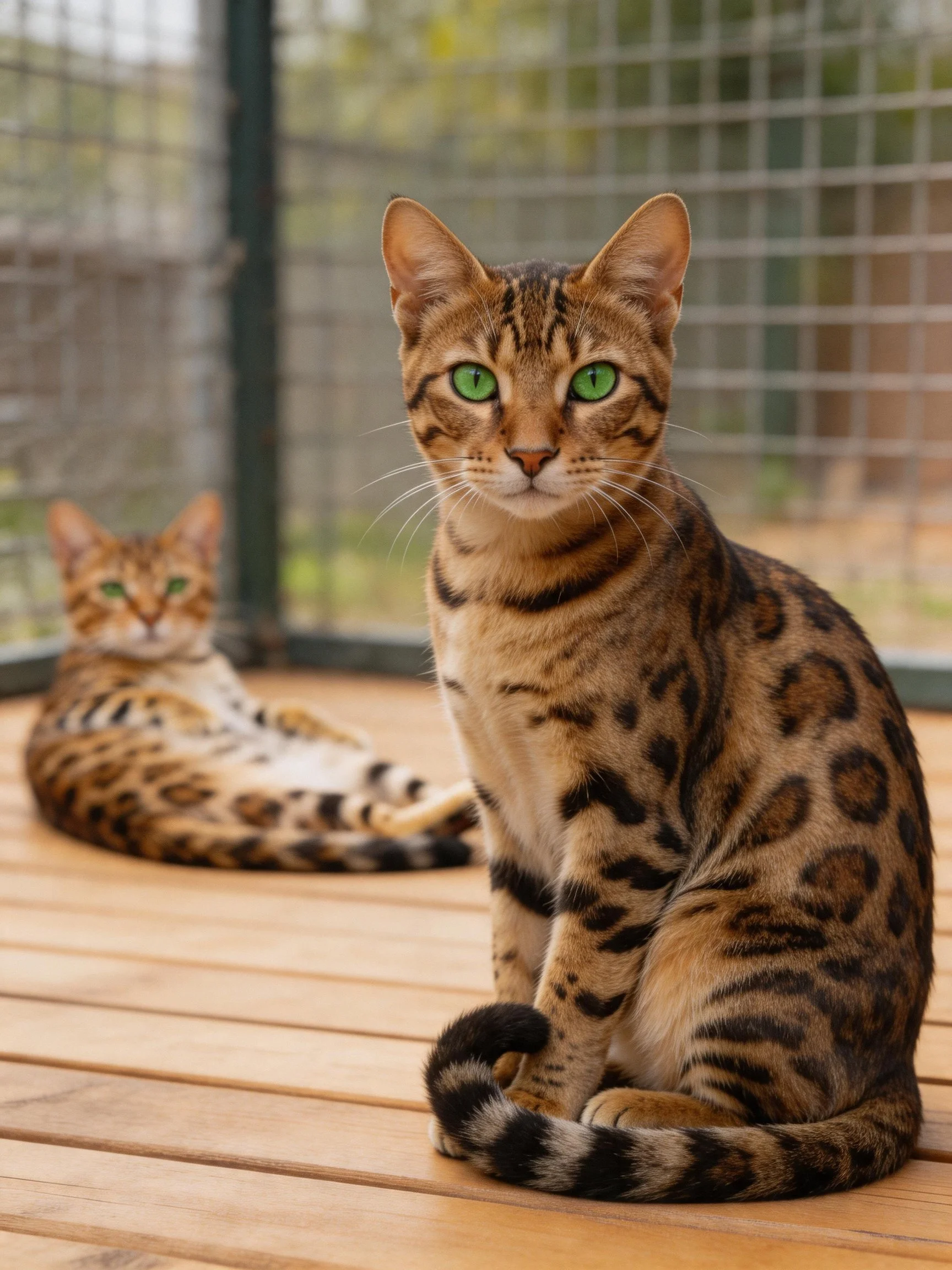Two Bengal cats with green eyes on a wooden deck near a wire fence