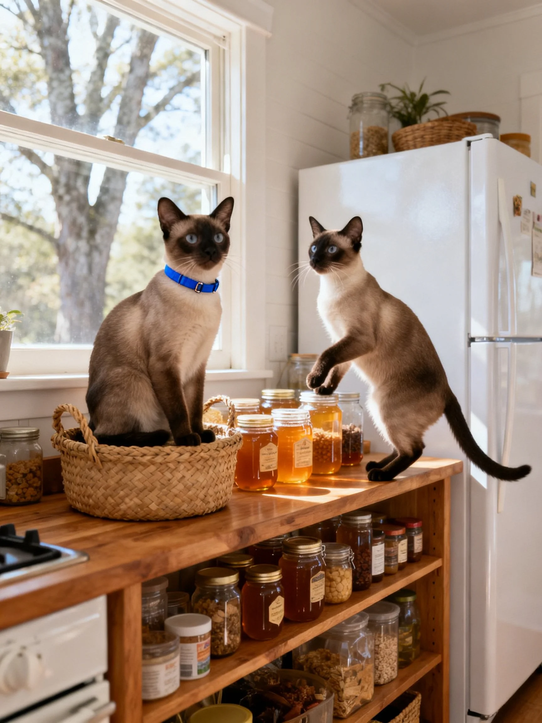 Two Siamese cats explore a sunlit kitchen with honey jars and wooden shelving.