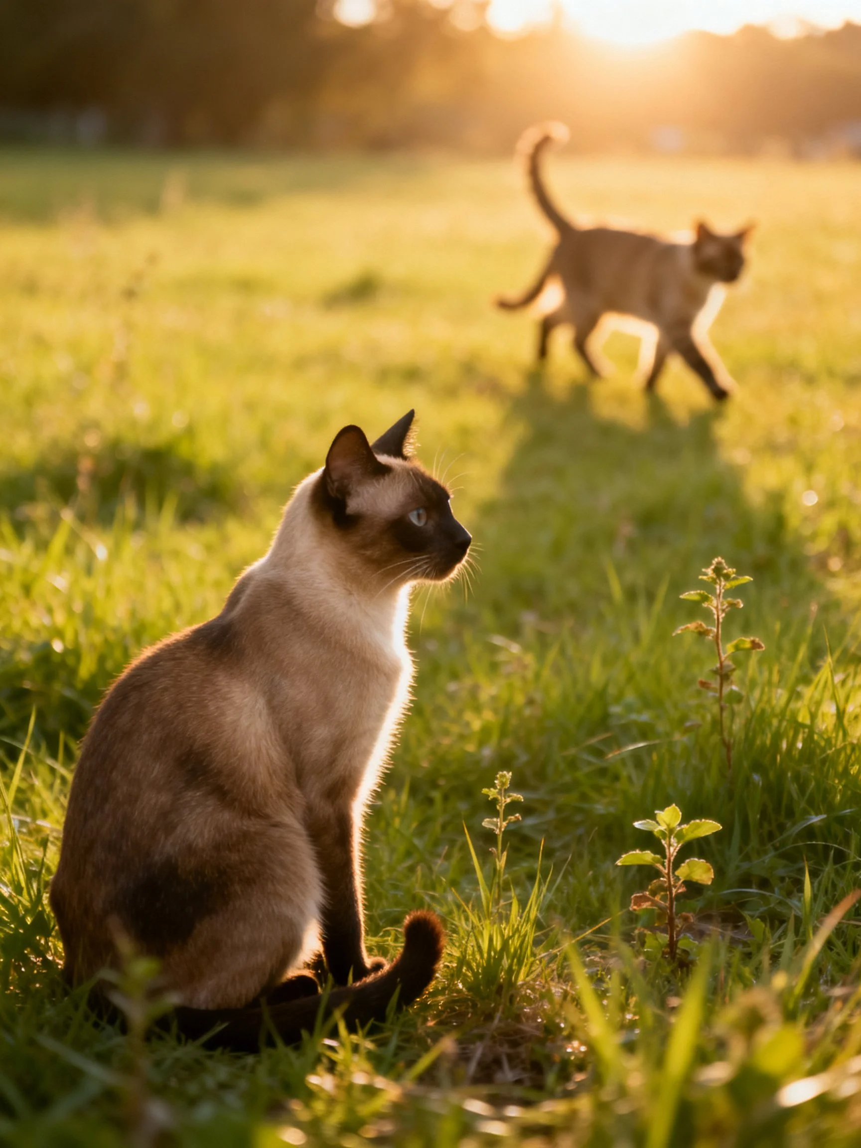 Two Siamese cats in a sunlit grassy field at golden hour