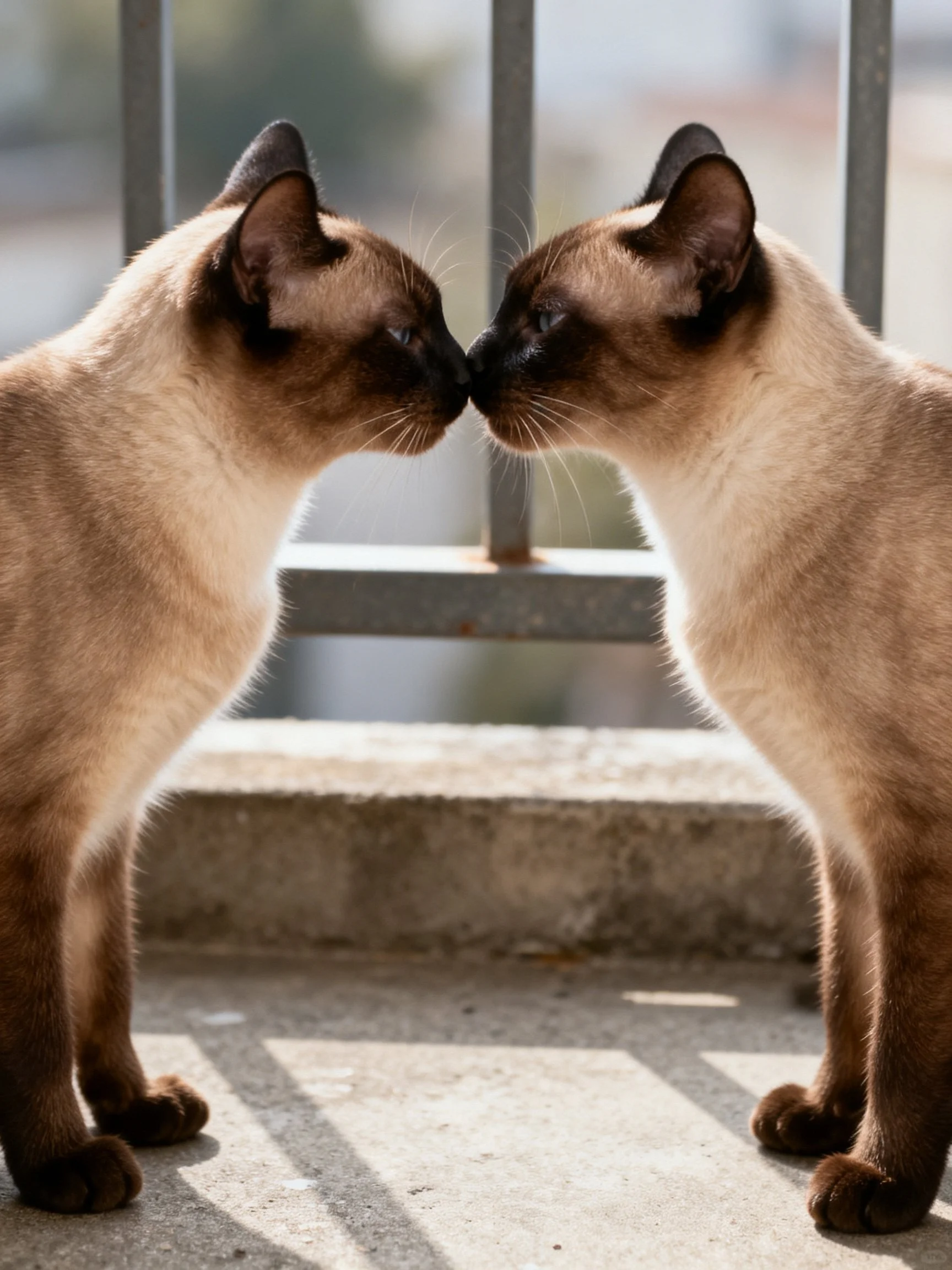 Two Siamese cats nuzzling near a metal railing
