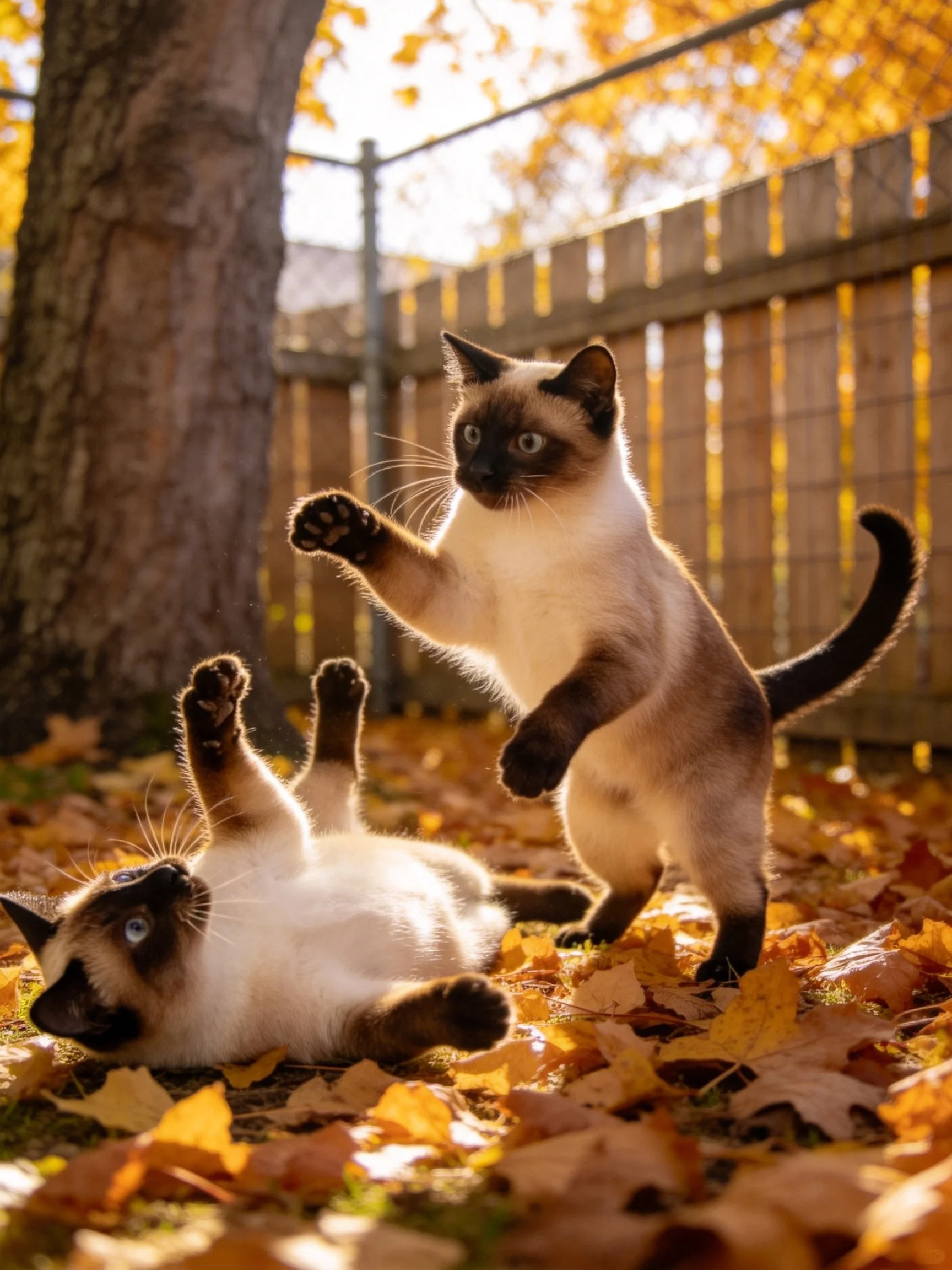 Two Siamese cats playfully interacting on autumn leaves near a wooden fence