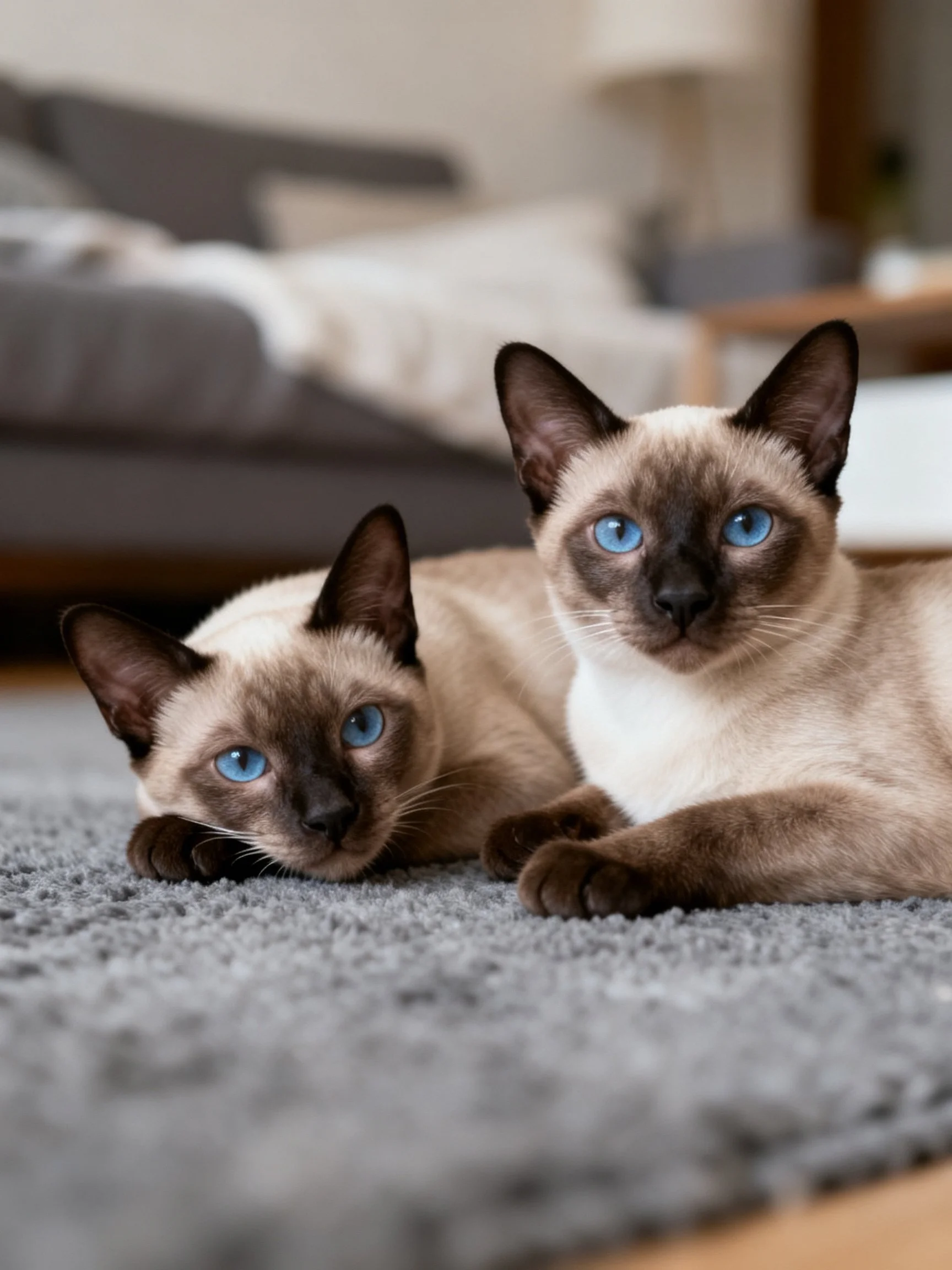 Two Siamese cats rest on a soft gray carpet in a cozy living room