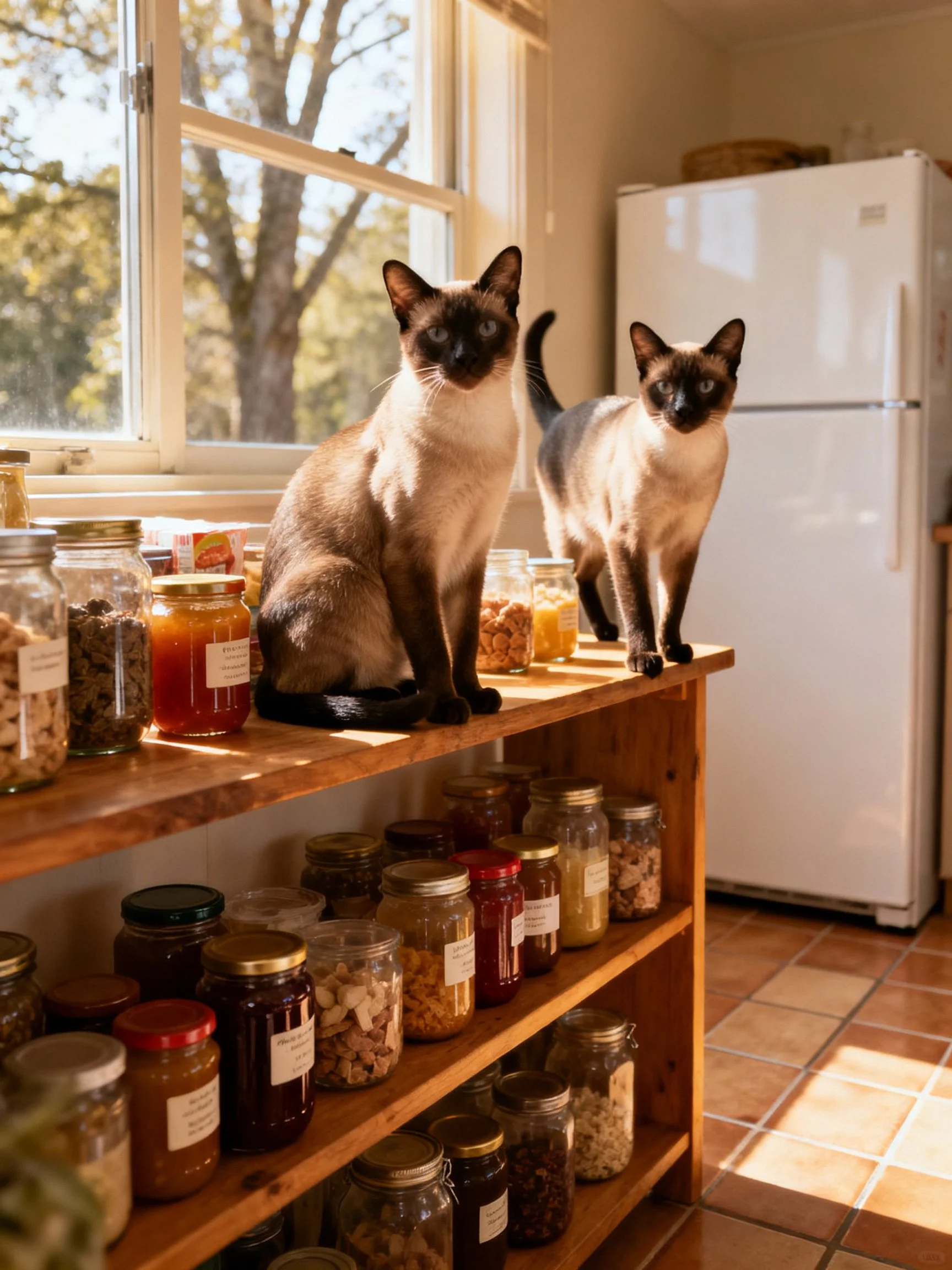 Two Siamese cats sit atop a wooden shelf filled with glass jars near a white fridge