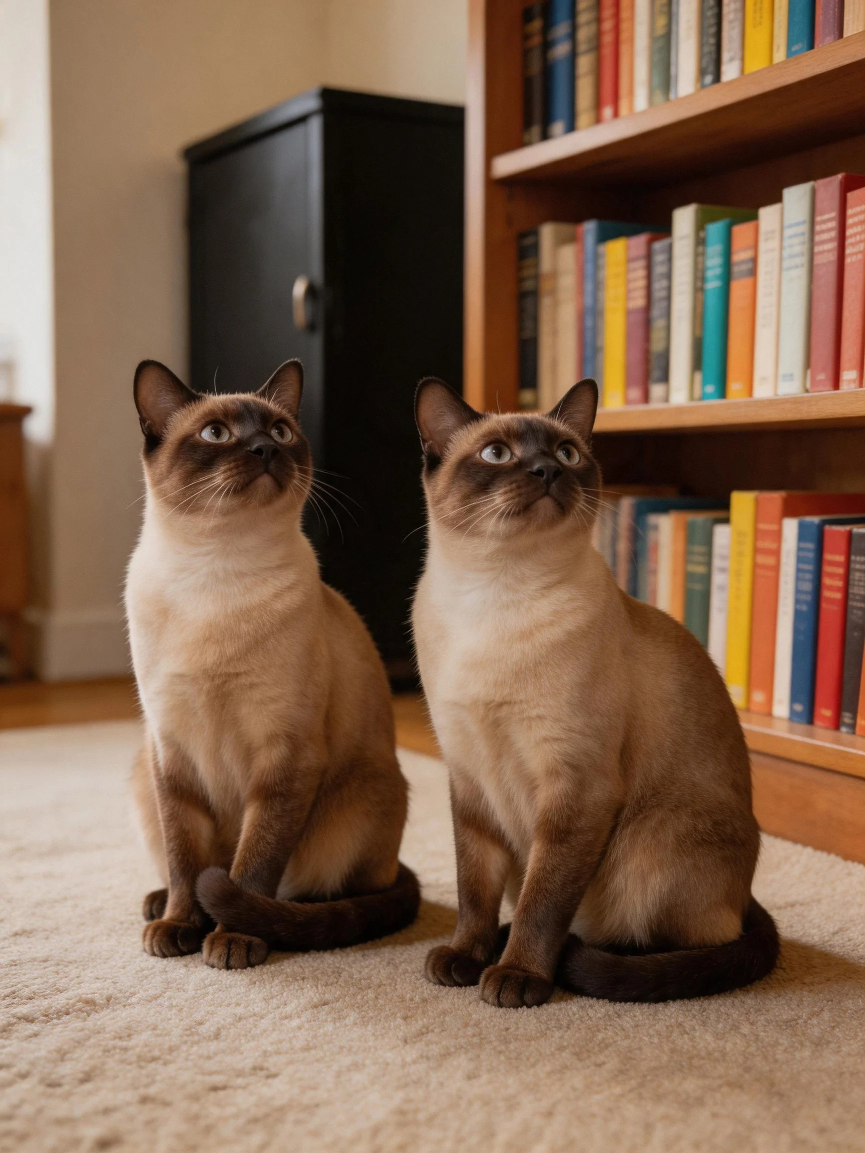 Two Siamese cats sit attentively near a bookshelf filled with books.