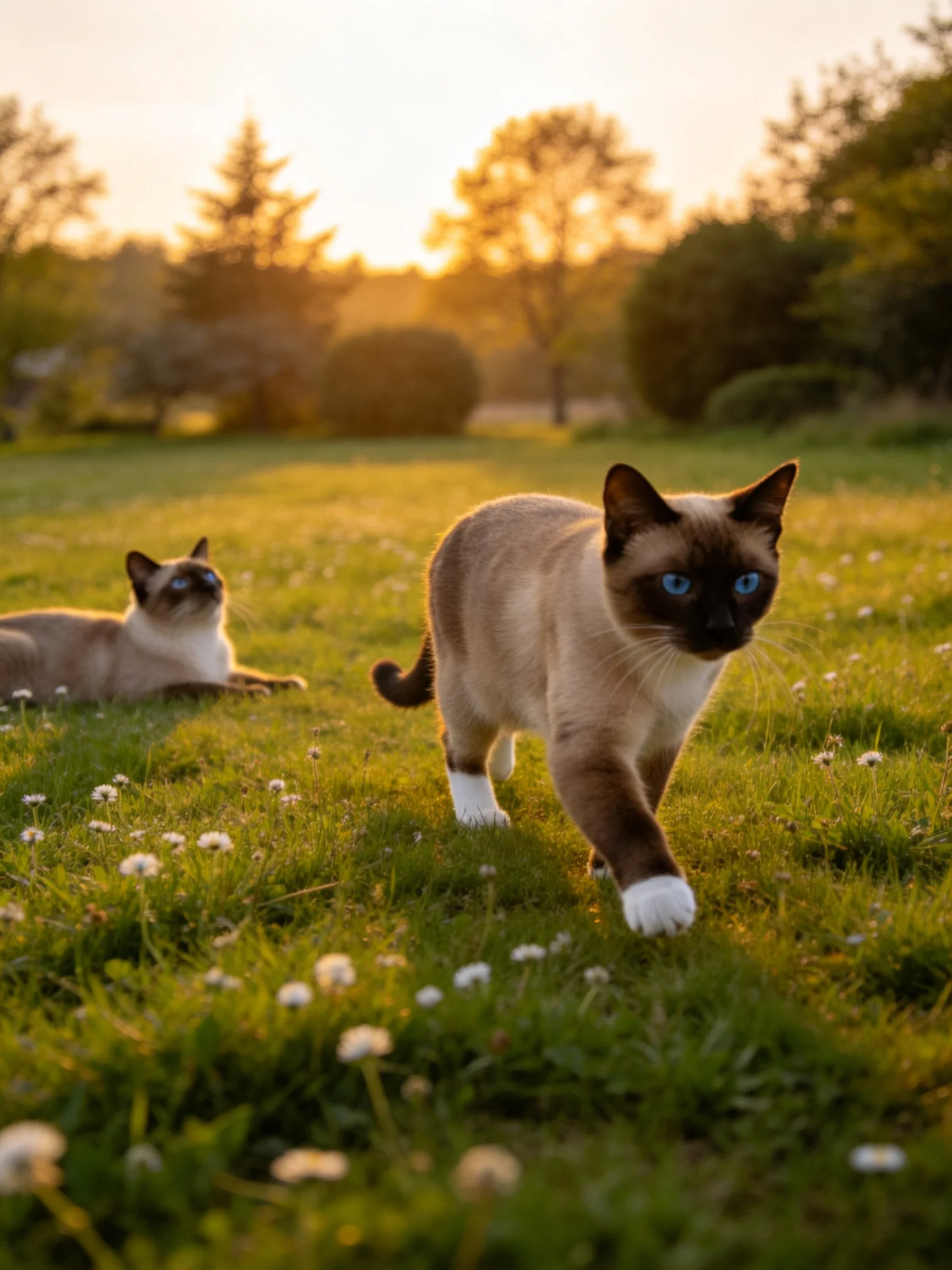 Two Siamese cats stroll through a sunlit meadow with green grass and blue eyes
