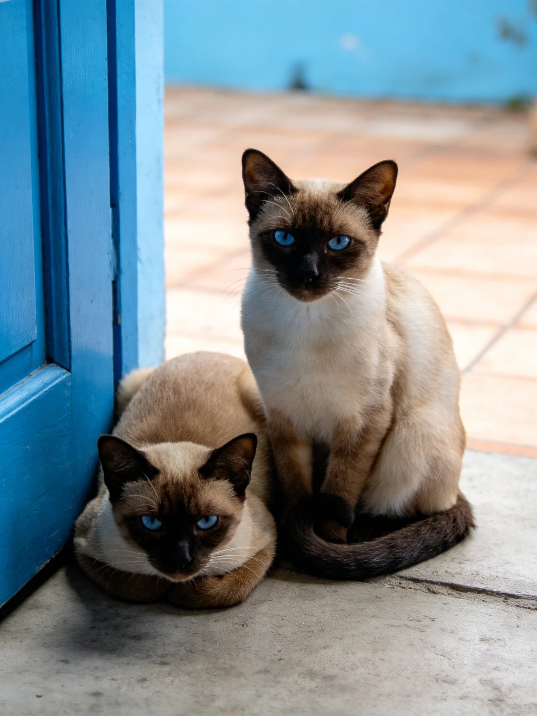 Two Siamese cats rest near a bright blue door with striking blue eyes.