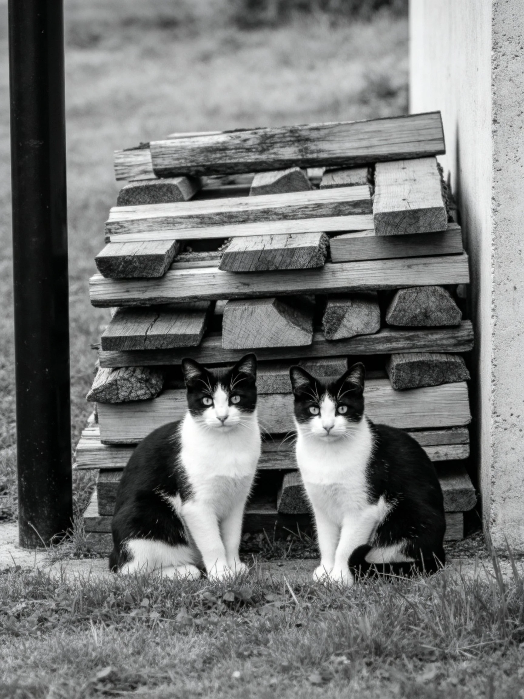 Two black - and - white cats rest beside an outdoor woodpile.