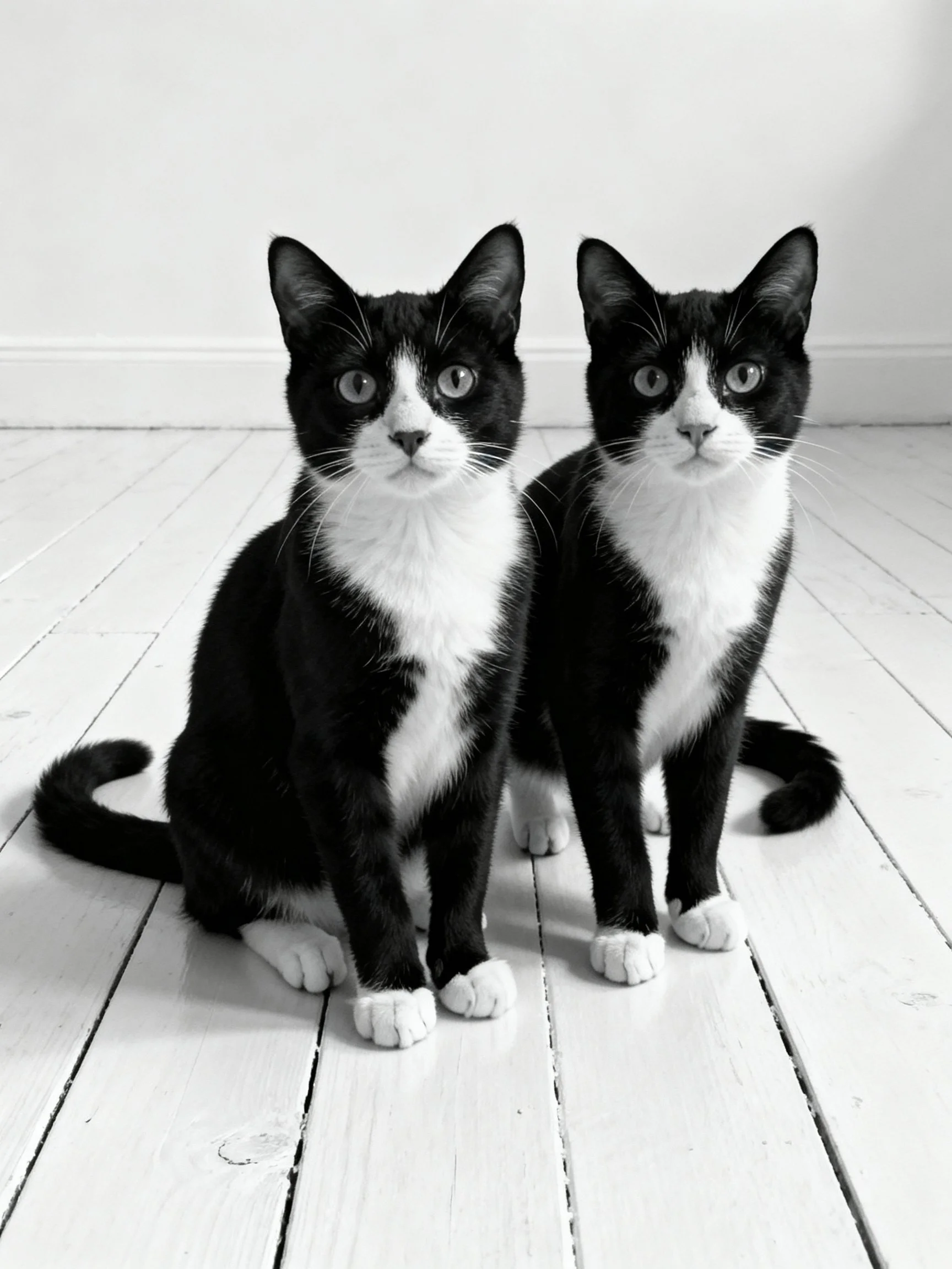 Two black - and - white cats sit together on a bright wooden floor.