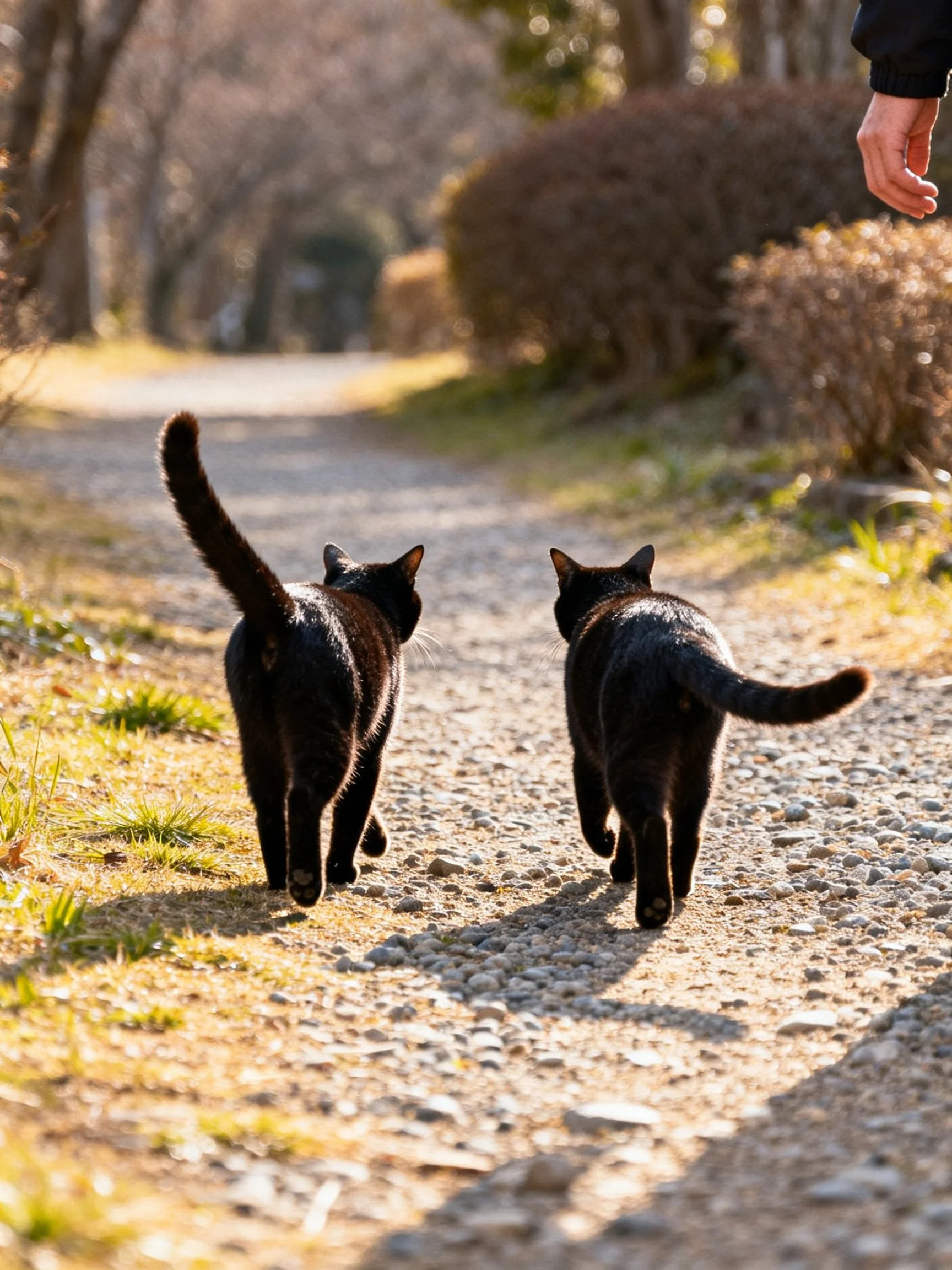 Two black cats stroll along a sunlit gravel path near a human hand