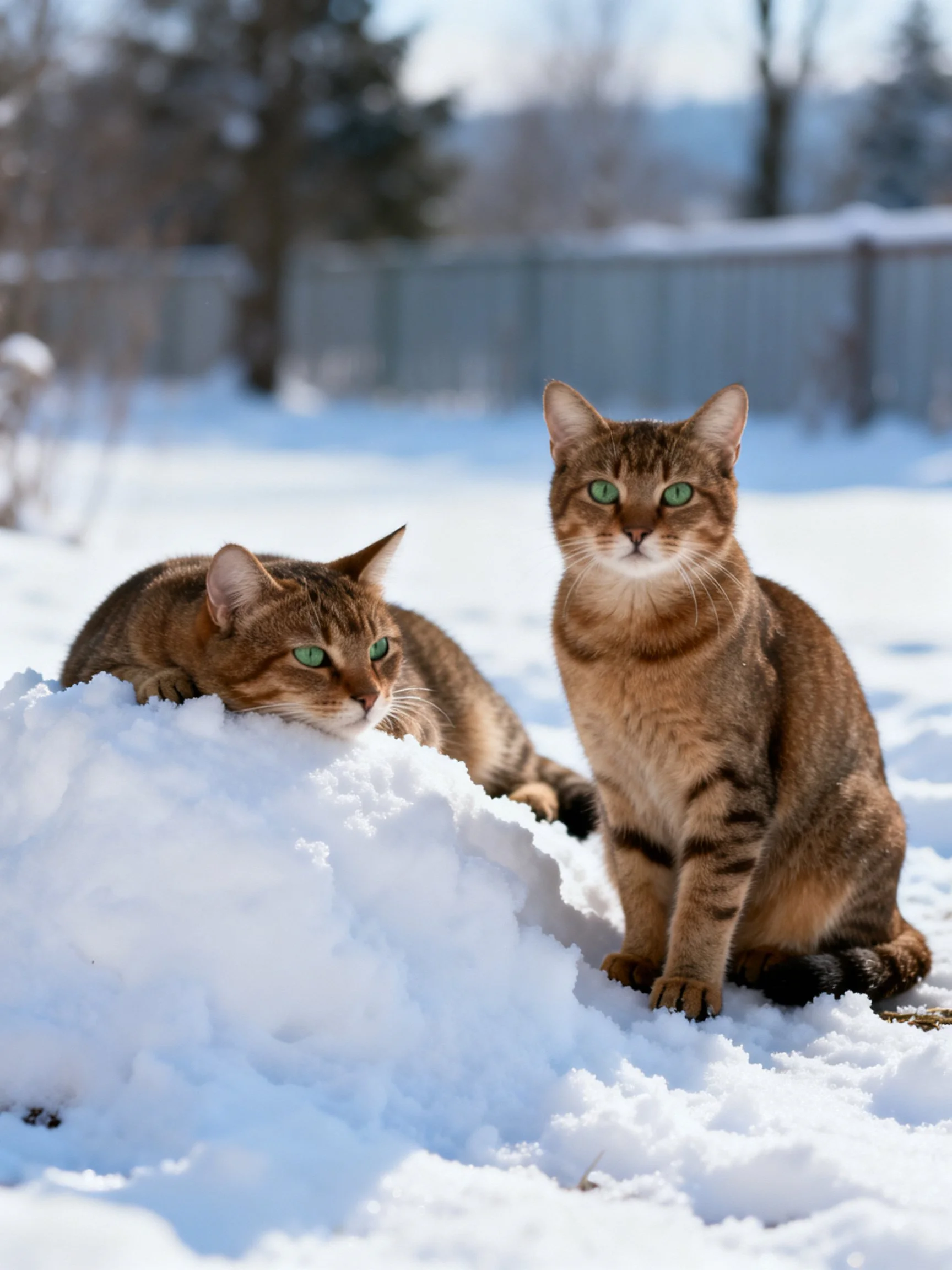 Two brown tabby cats interact with a snow mound in a snowy outdoor space.