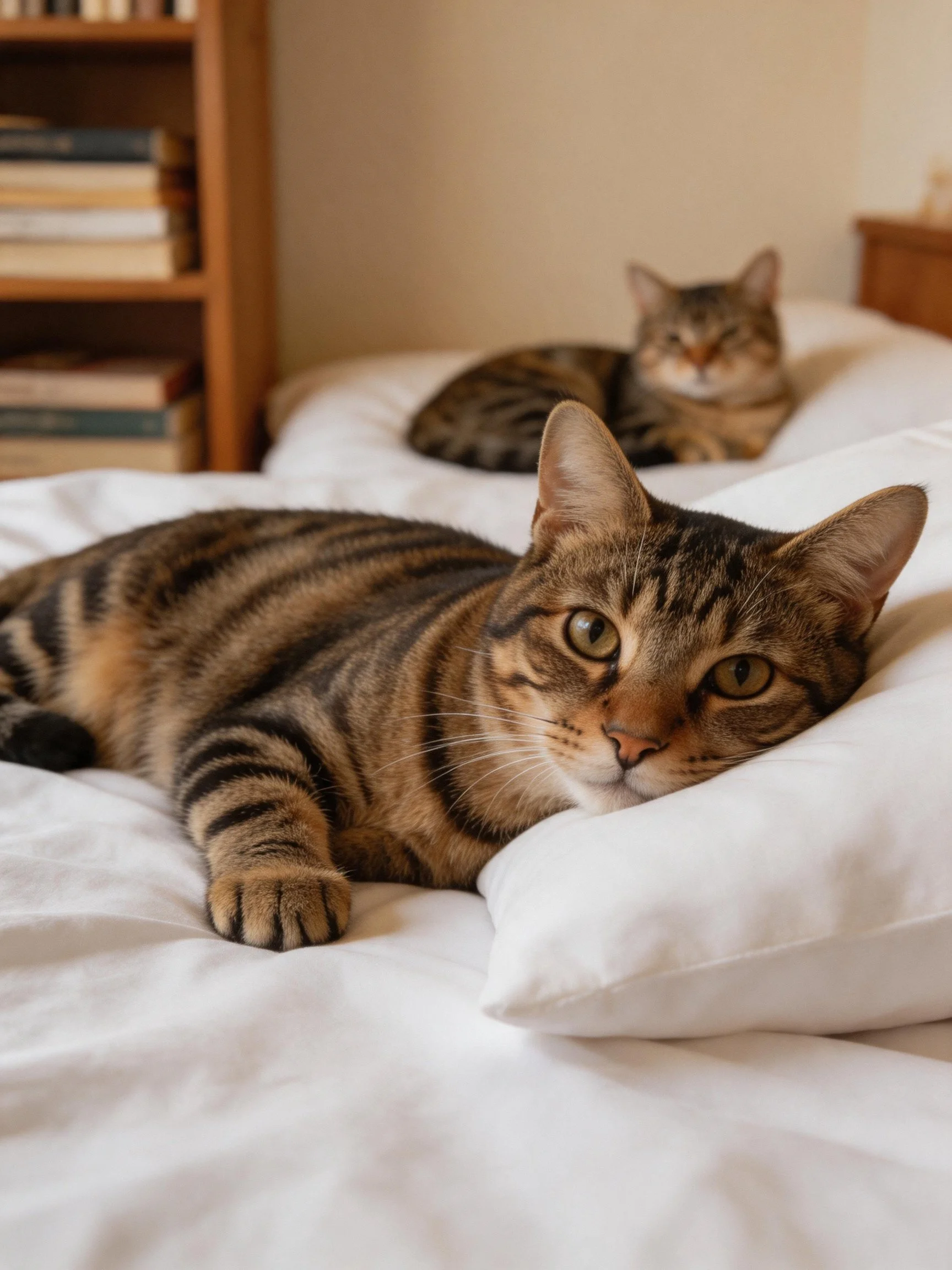 Two brown tabby cats rest on white bedding near wooden furniture.