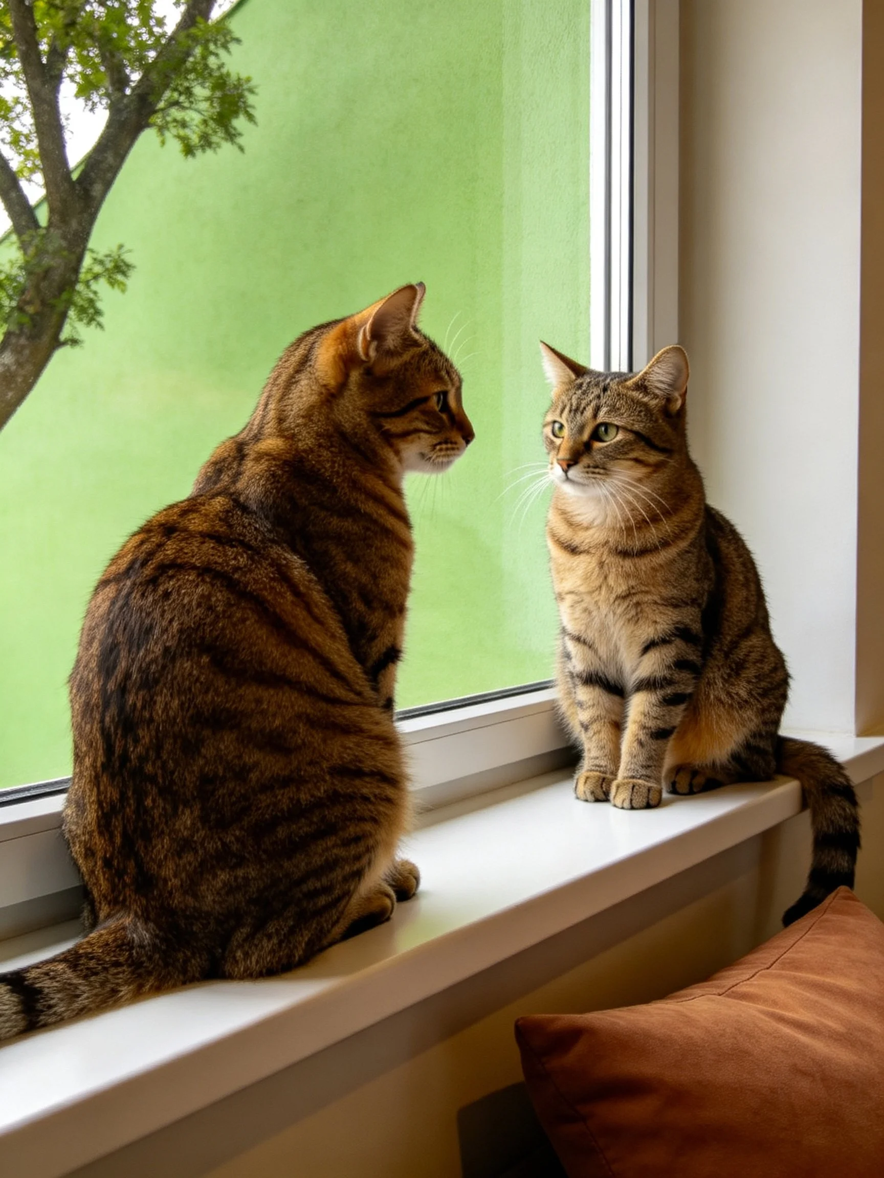 Two brown tabby cats sit on a white windowsill by a green-tinted glass pane