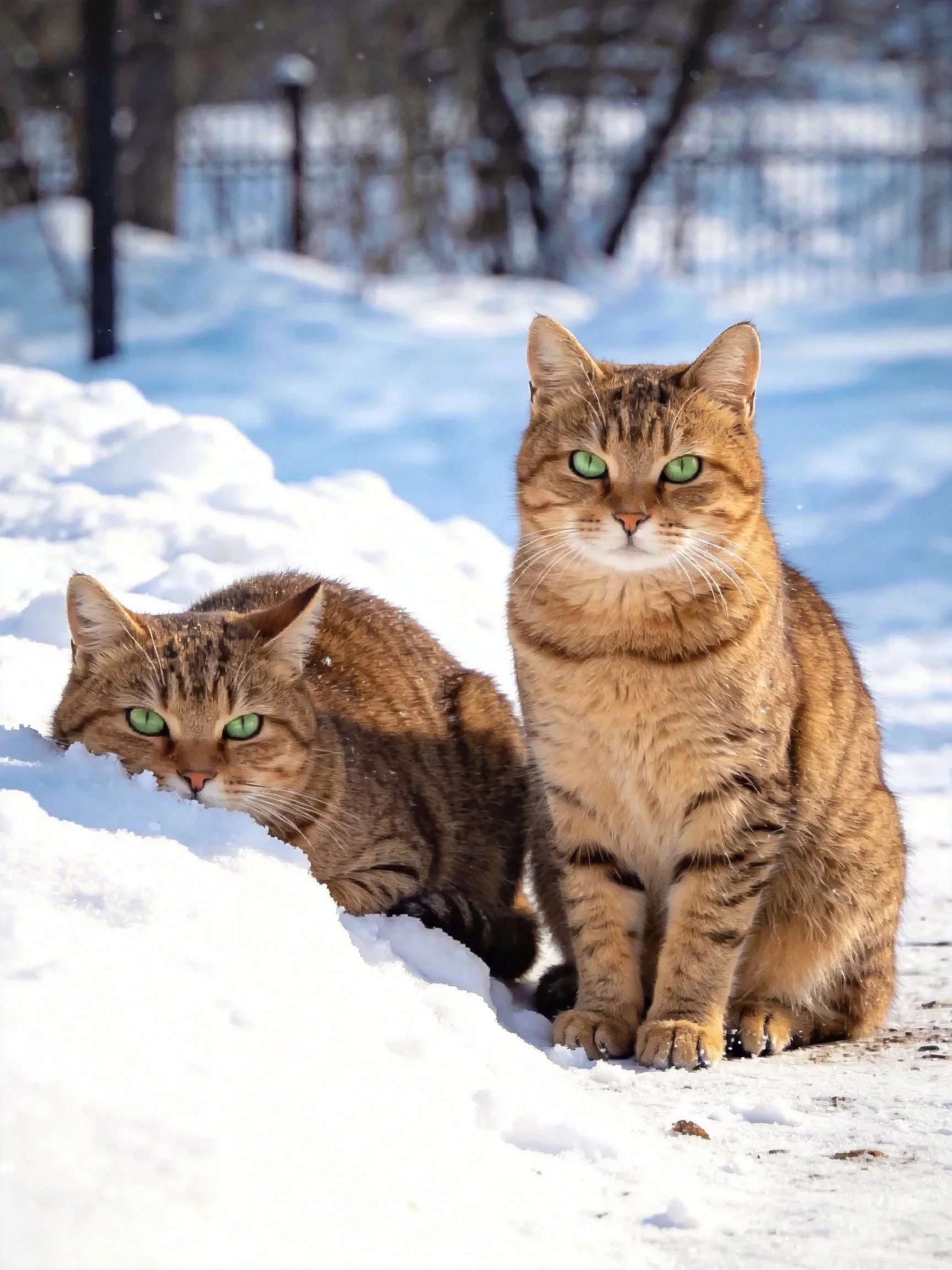 Two brown tabby cats with green eyes near snowy ground