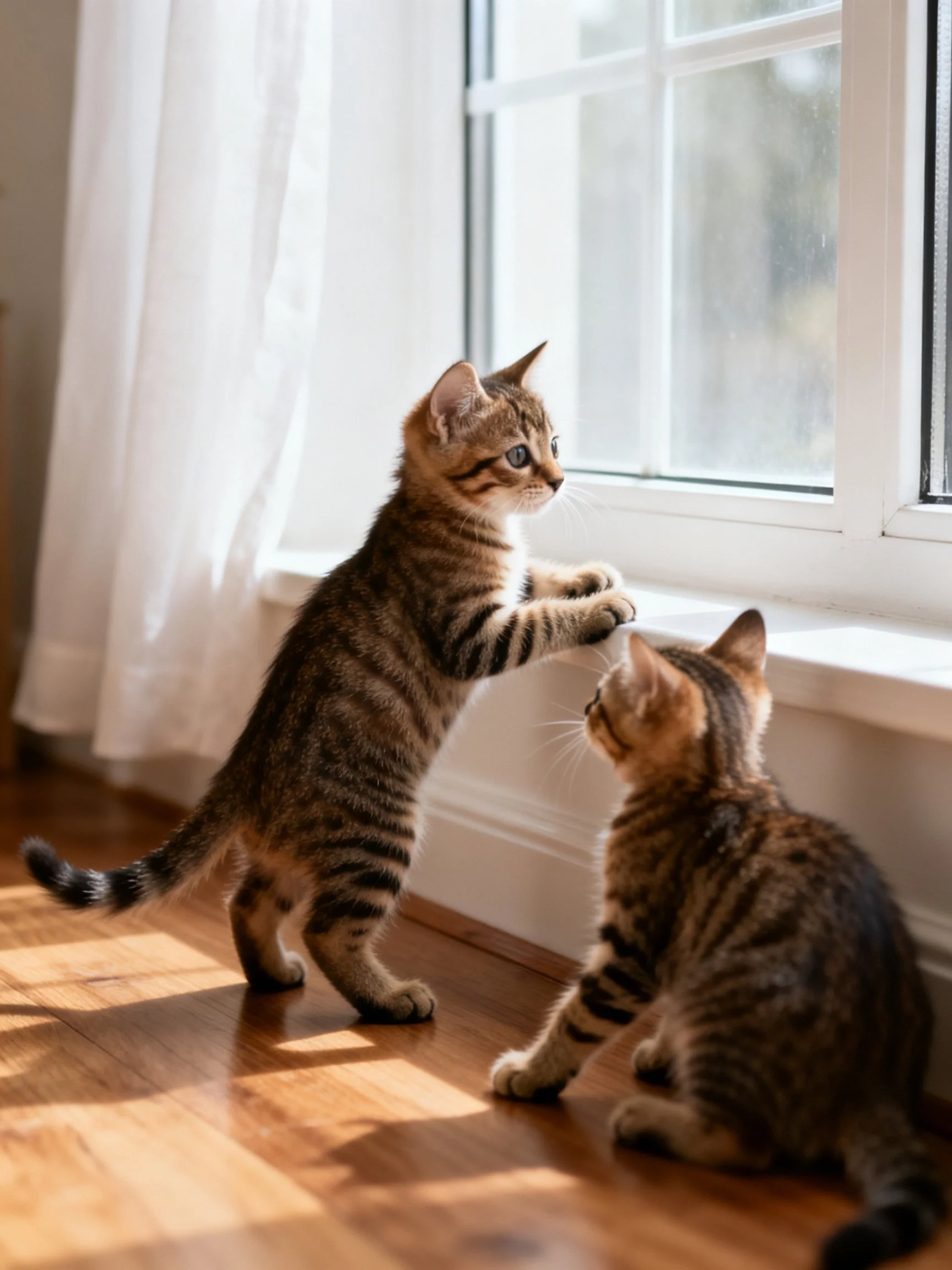 Two brown tabby kittens explore near a bright window with wooden flooring