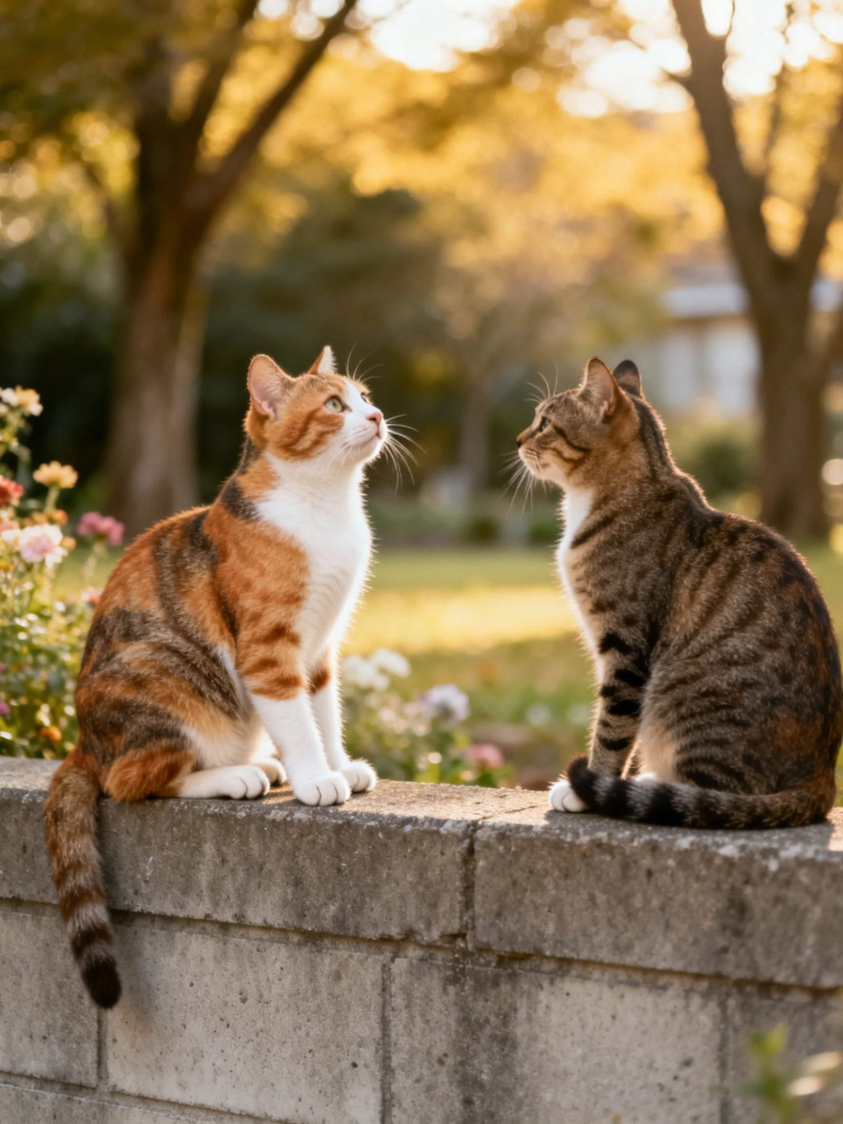 Two calico and tabby cats sit on a stone wall in a sunlit garden