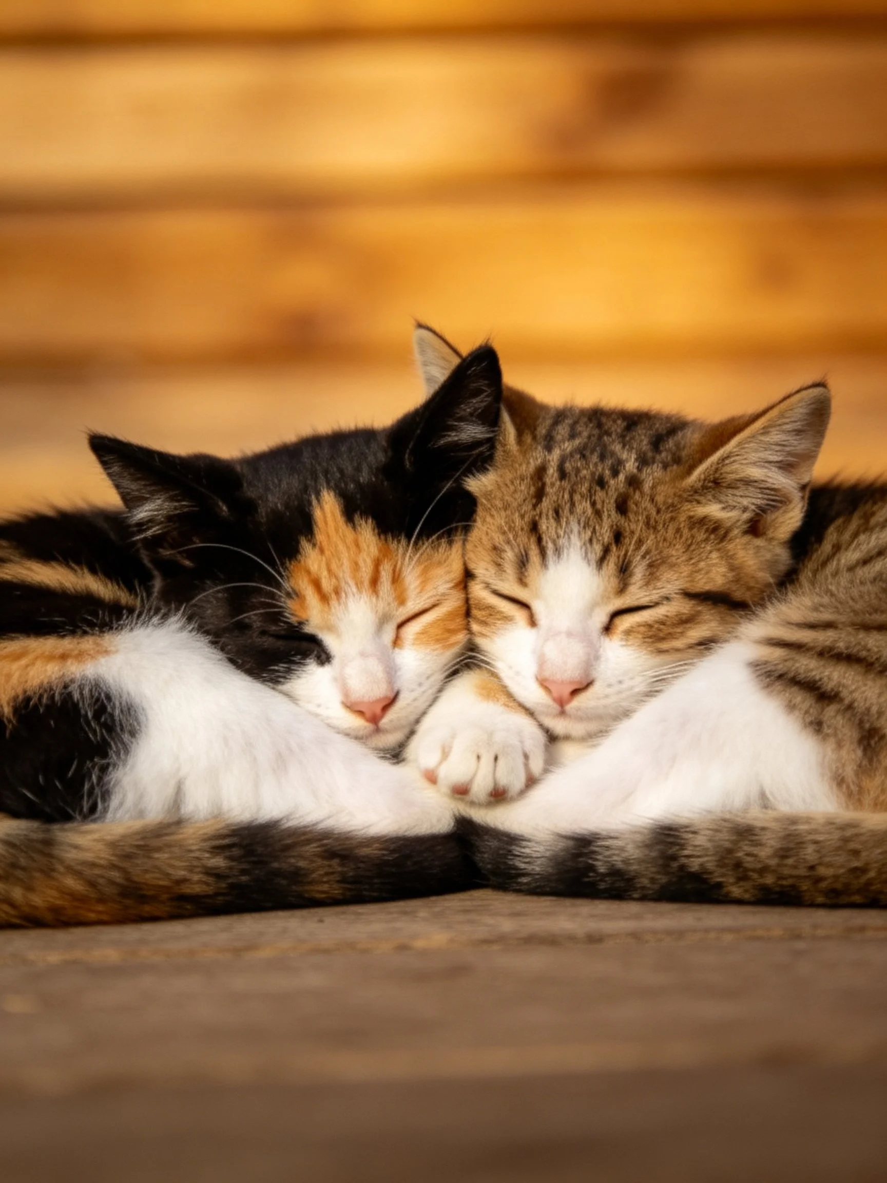 Two calico and tabby kittens cuddle in warm golden light