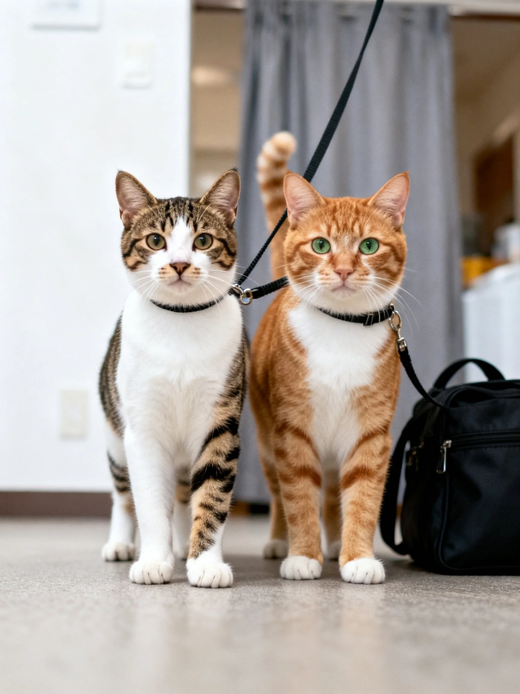 Two cats, a tabby and an orange, with harnesses near a black bag