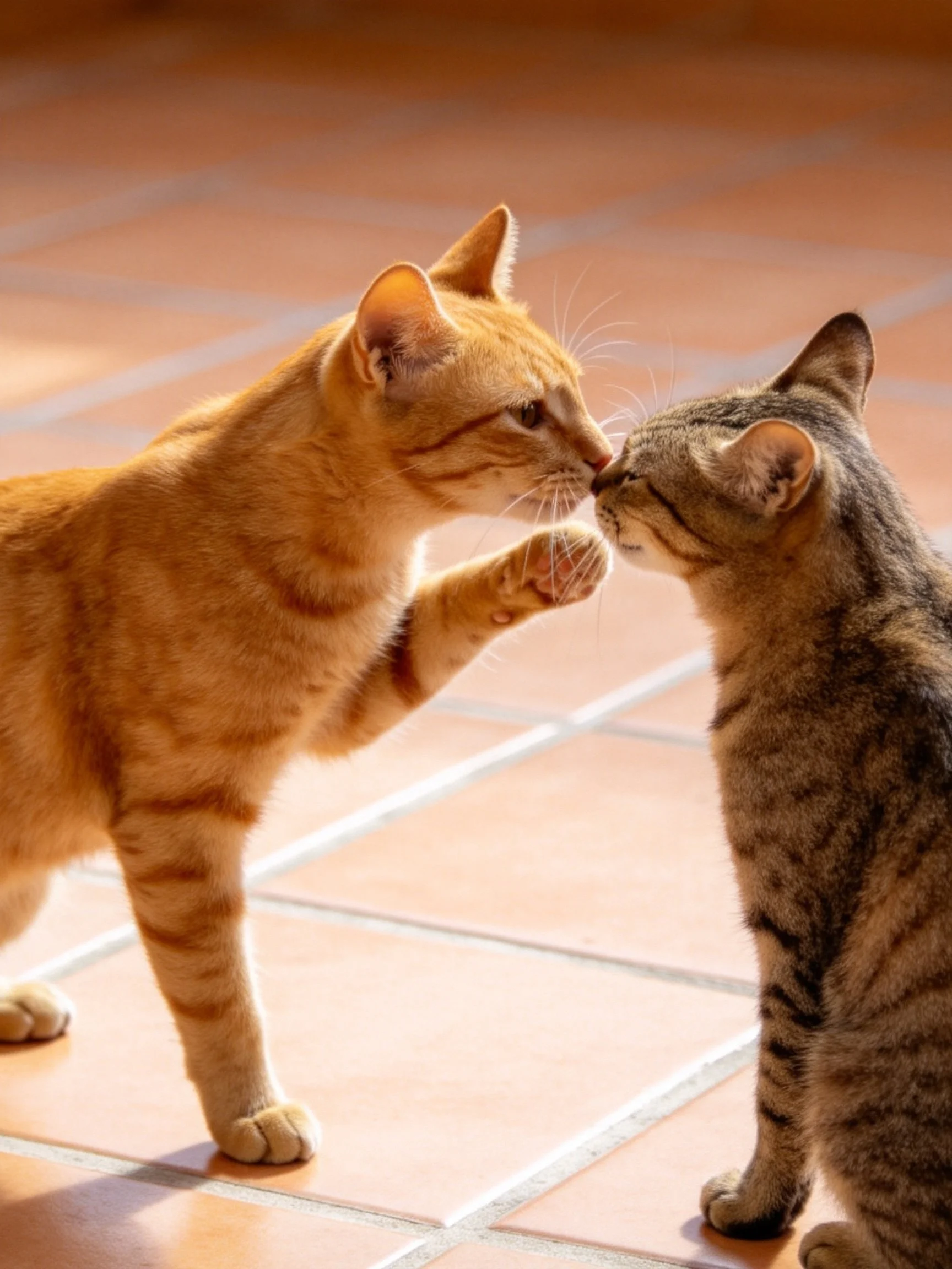 Two cats, an orange and a tabby, interact on a terracotta-tiled floor