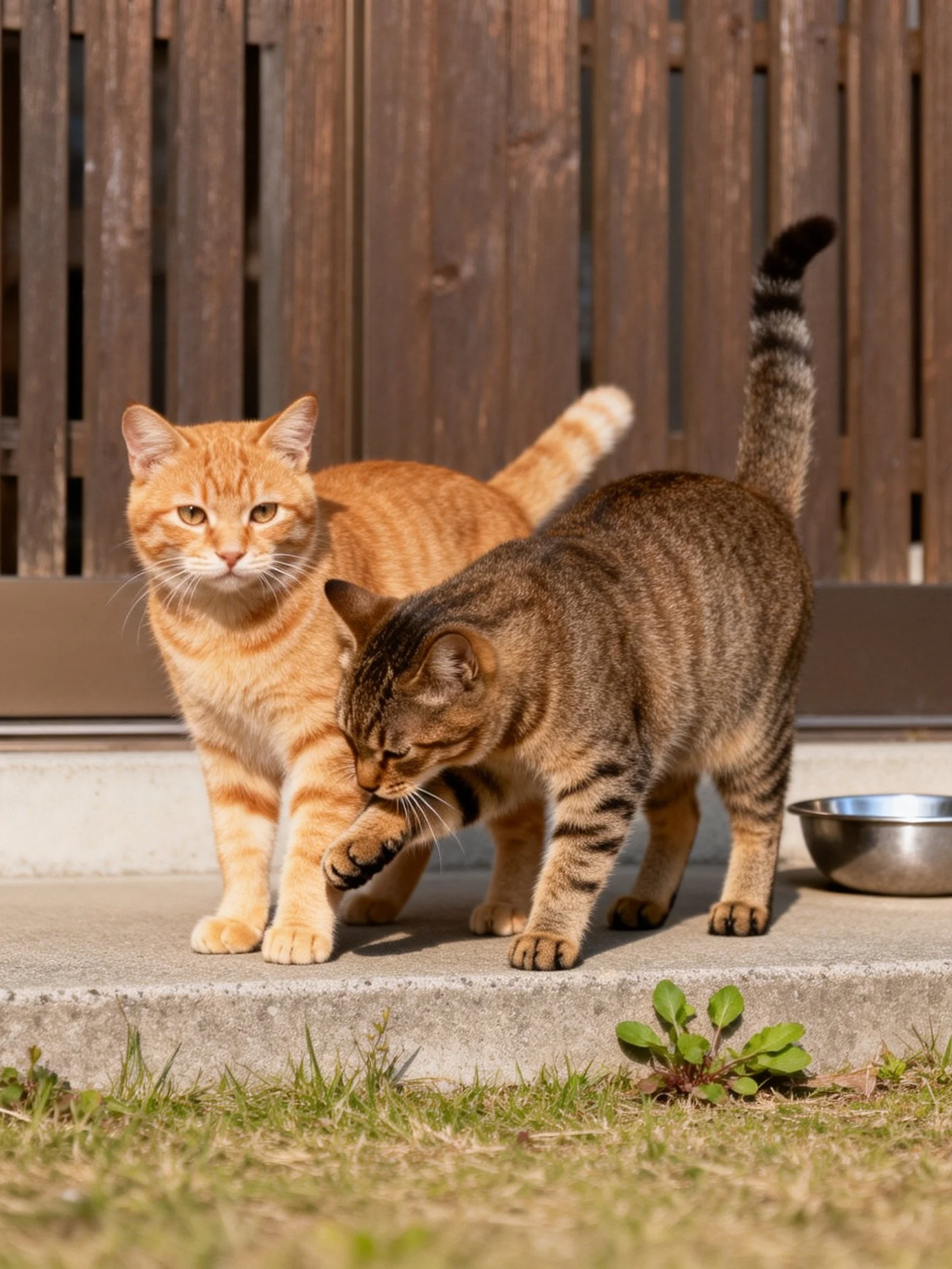 Two cats interact on a concrete surface near a wooden fence