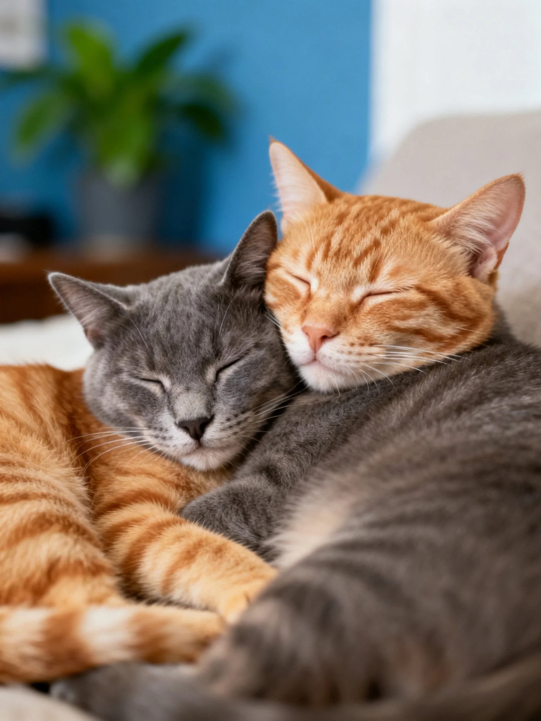 Two cats cuddle closely—one orange tabby and a gray feline