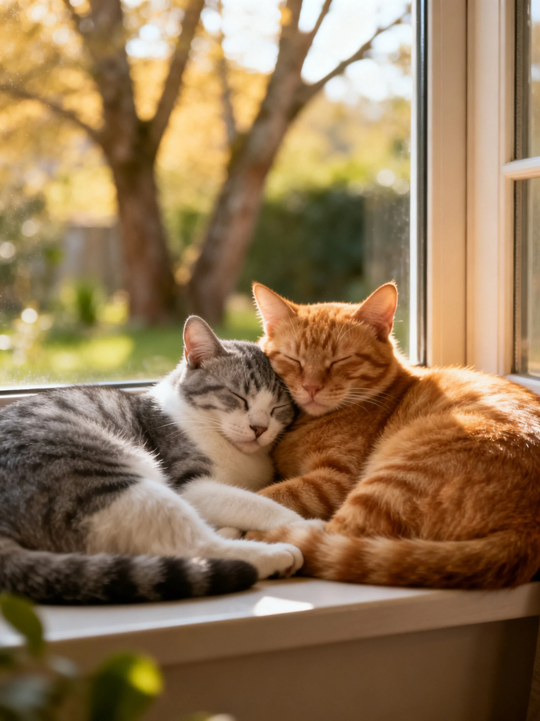 Two cats cuddle together on a sunlit windowsill with a backyard view